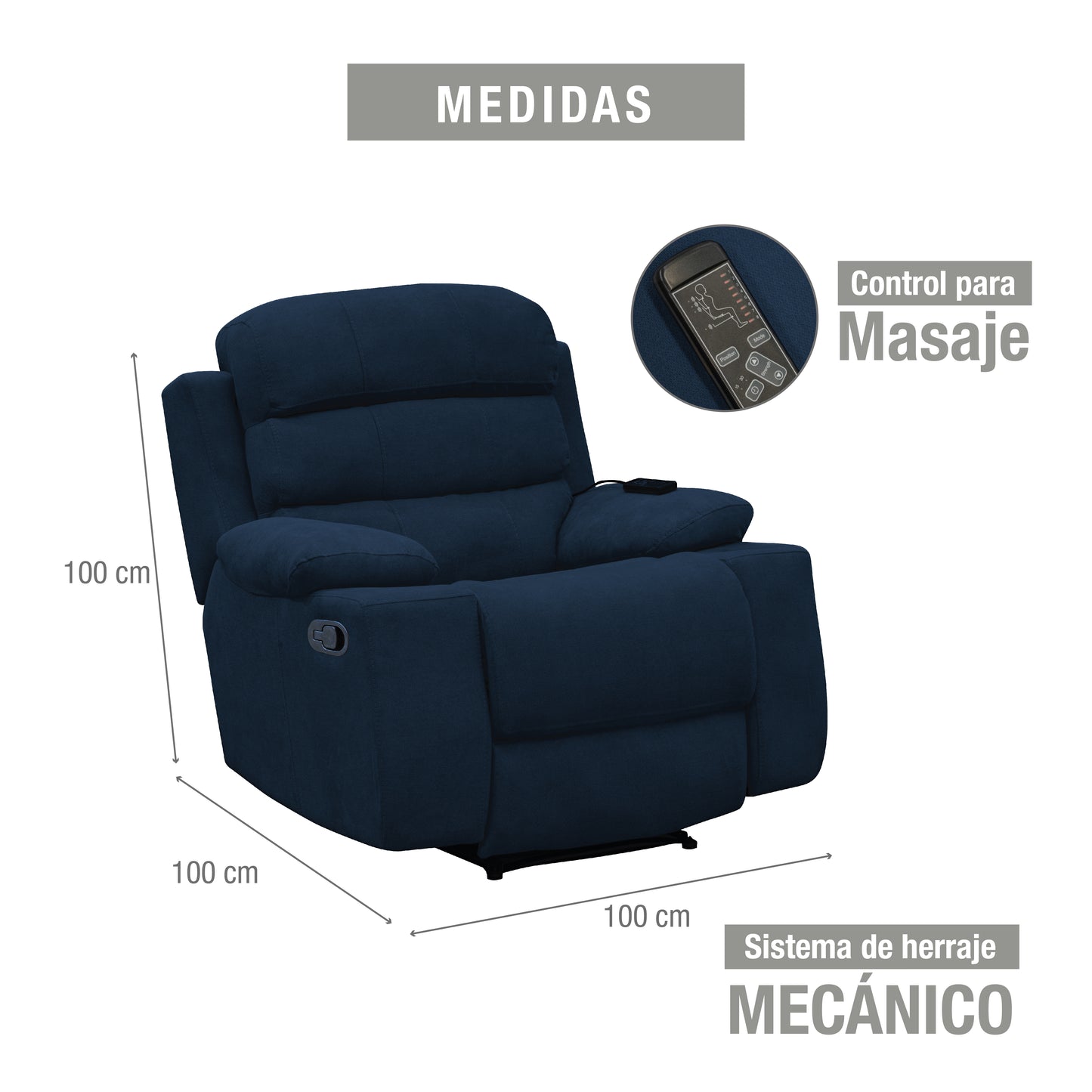 SILLA RECLINABLE ESTATICA HOUSTON CON MASAJE MICROFIBRA AZUL