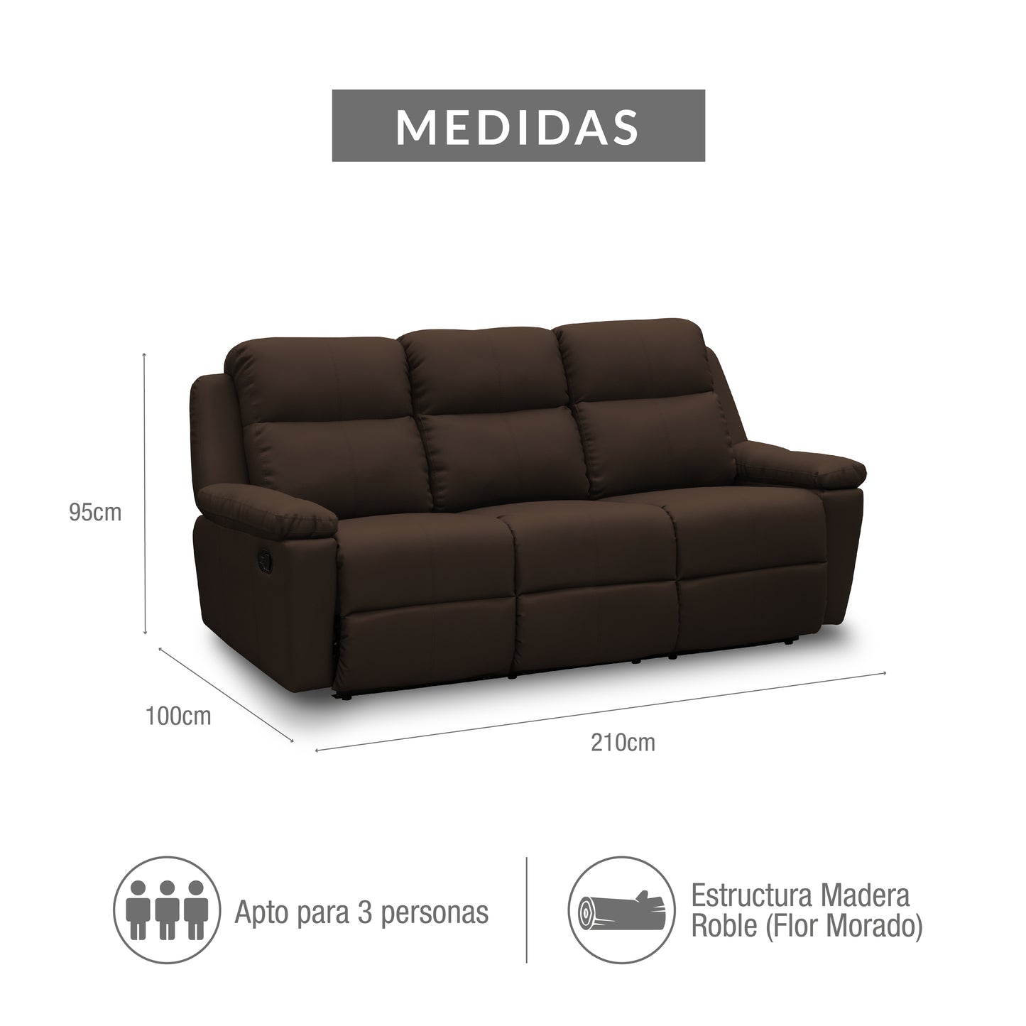 SOFA REC MARSELLA 3 PTOS ESTATICO ROMA CHOCOLATE