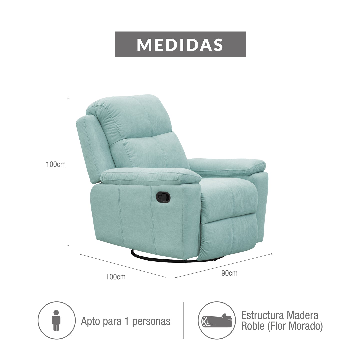 SILLA RECLINABLE MECEDORA GIRATORIA MARSELLA MICROFIBRA. AQUA