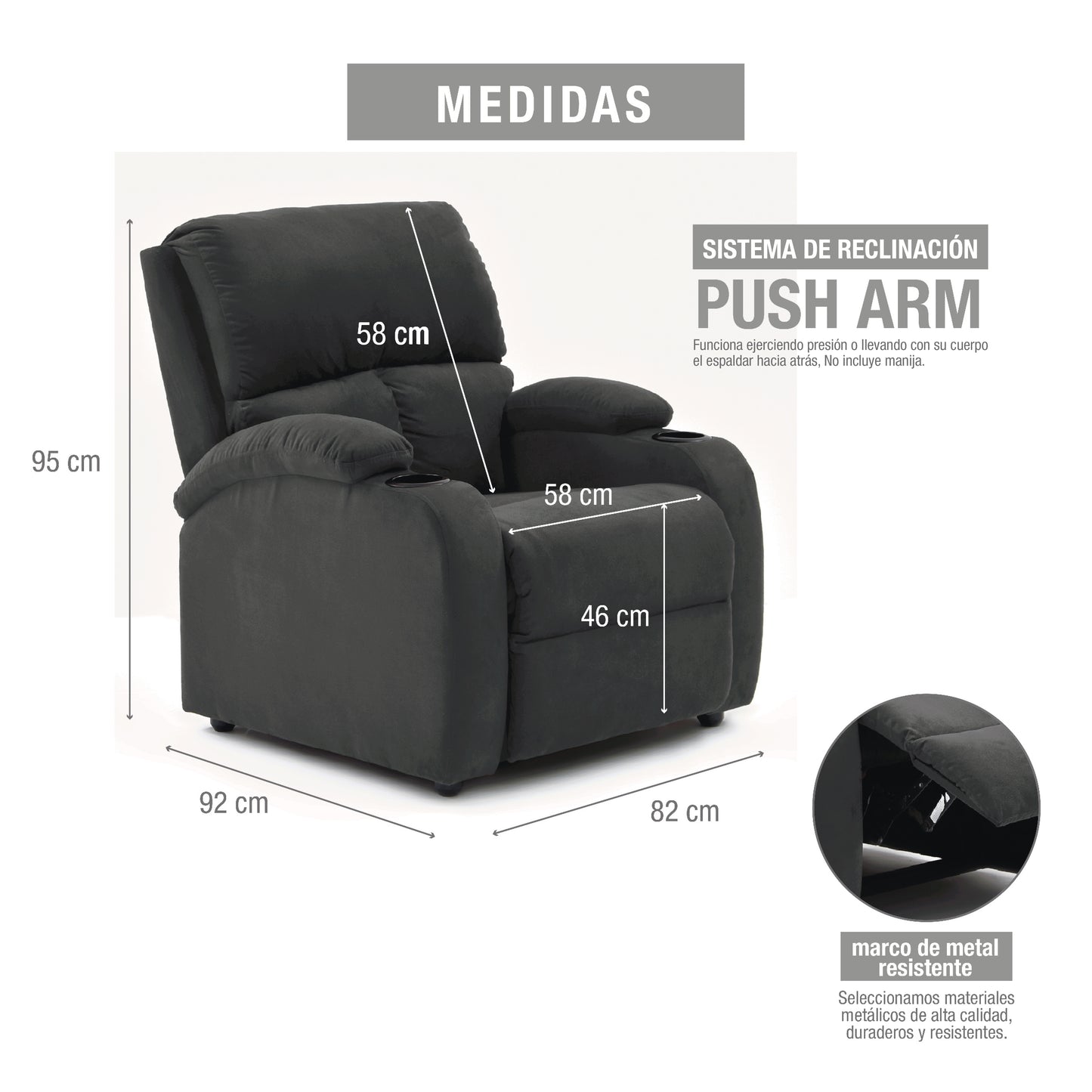 SILLA RECLINABLE AMBER ESTATICA MICROFIBRA GRIS PLOMO