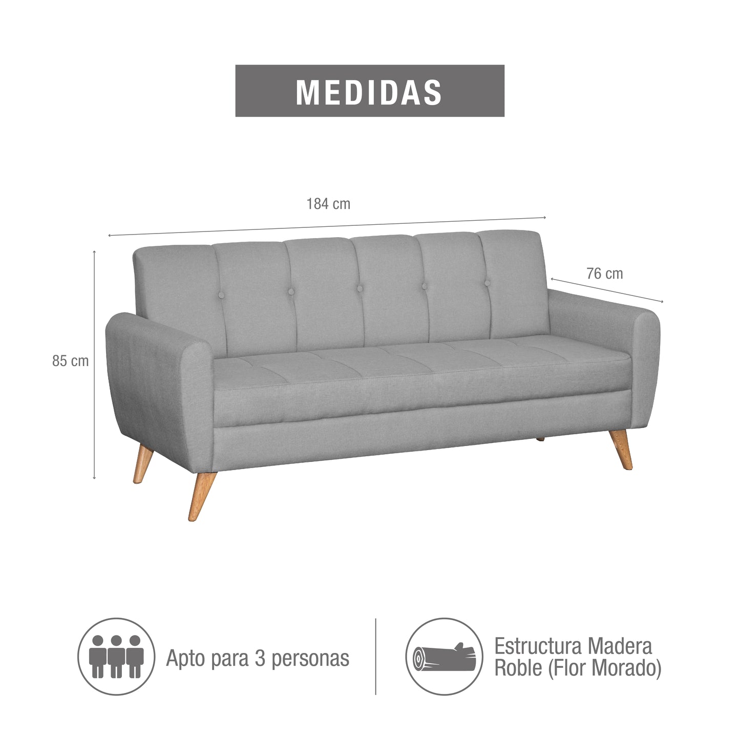 SOFA SELENNA 3 PTOS MICROFIBRA GRIS CLARO