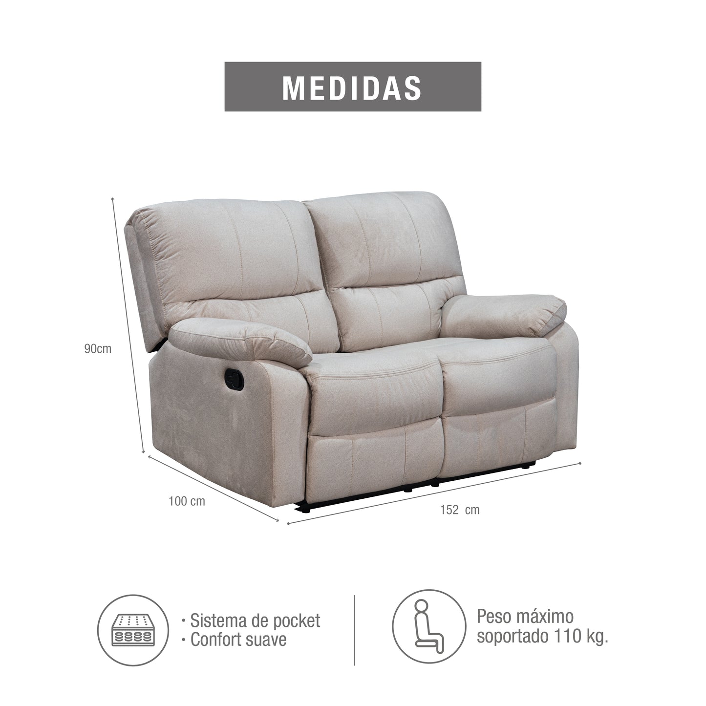 SOFA RECLINABLE GALL 2 PUESTOS ESTATICO MICROFIBRA CRUDO