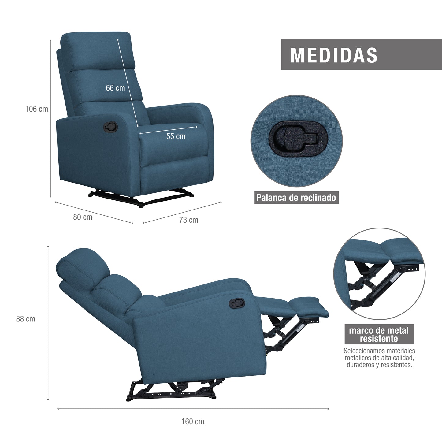 SILLA RECLINABLE ESTÁTICA PEKIN 1 PUESTO TELA INDIGO