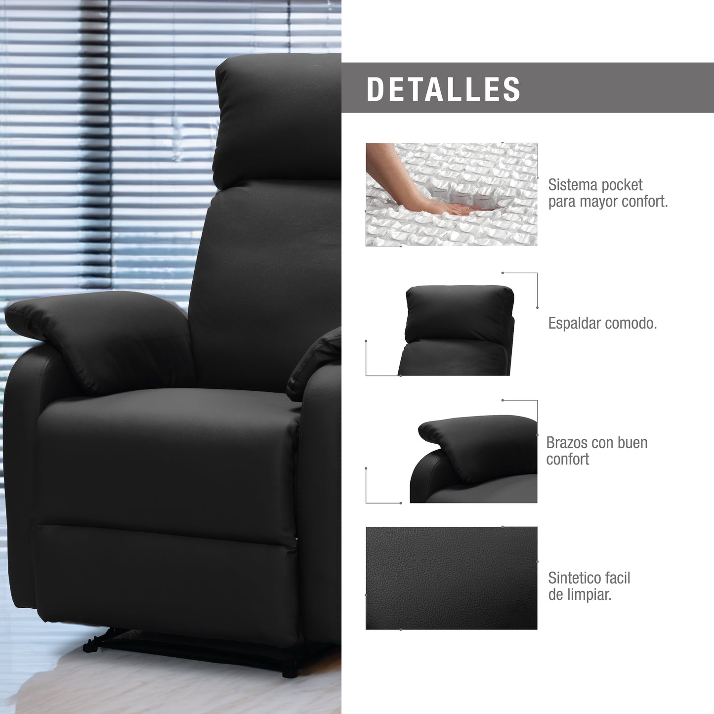 SILLA RECLINABLE VELVET 1 PUESTO SINTETICA NEGRO