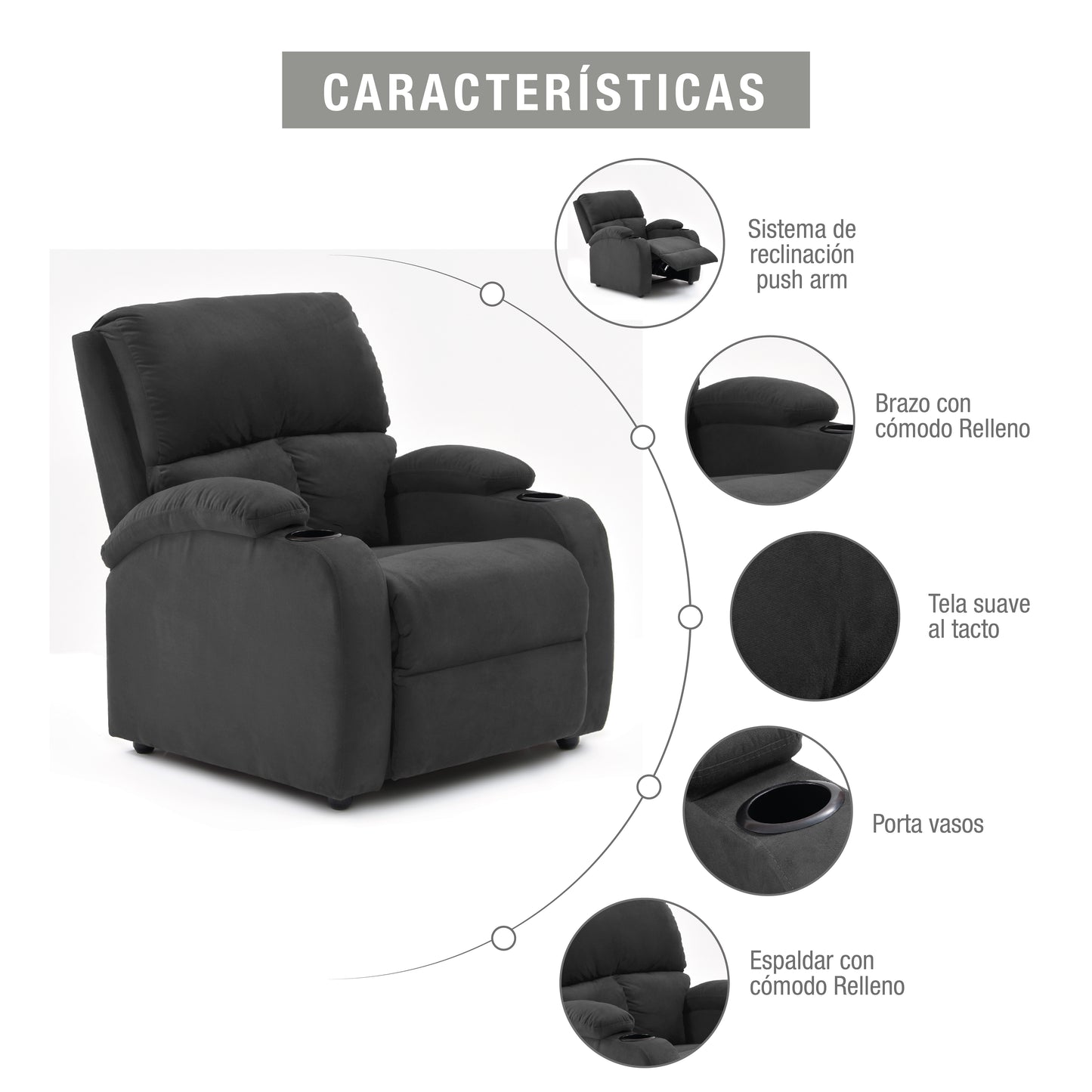 SILLA RECLINABLE AMBER ESTATICA MICROFIBRA GRIS PLOMO