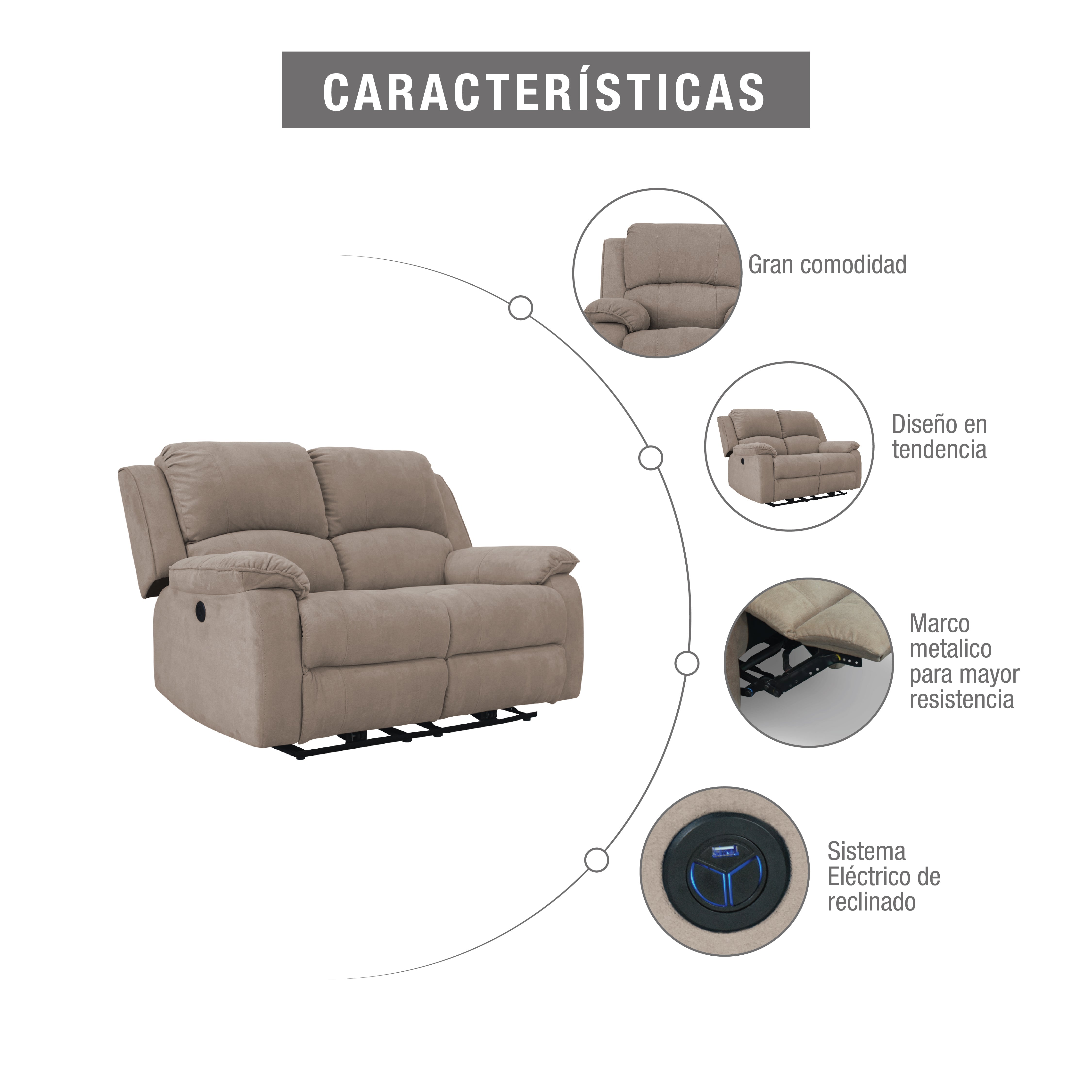 Sofá reclinable Brooklyn de 2 puestos con USB en microfibra camel
