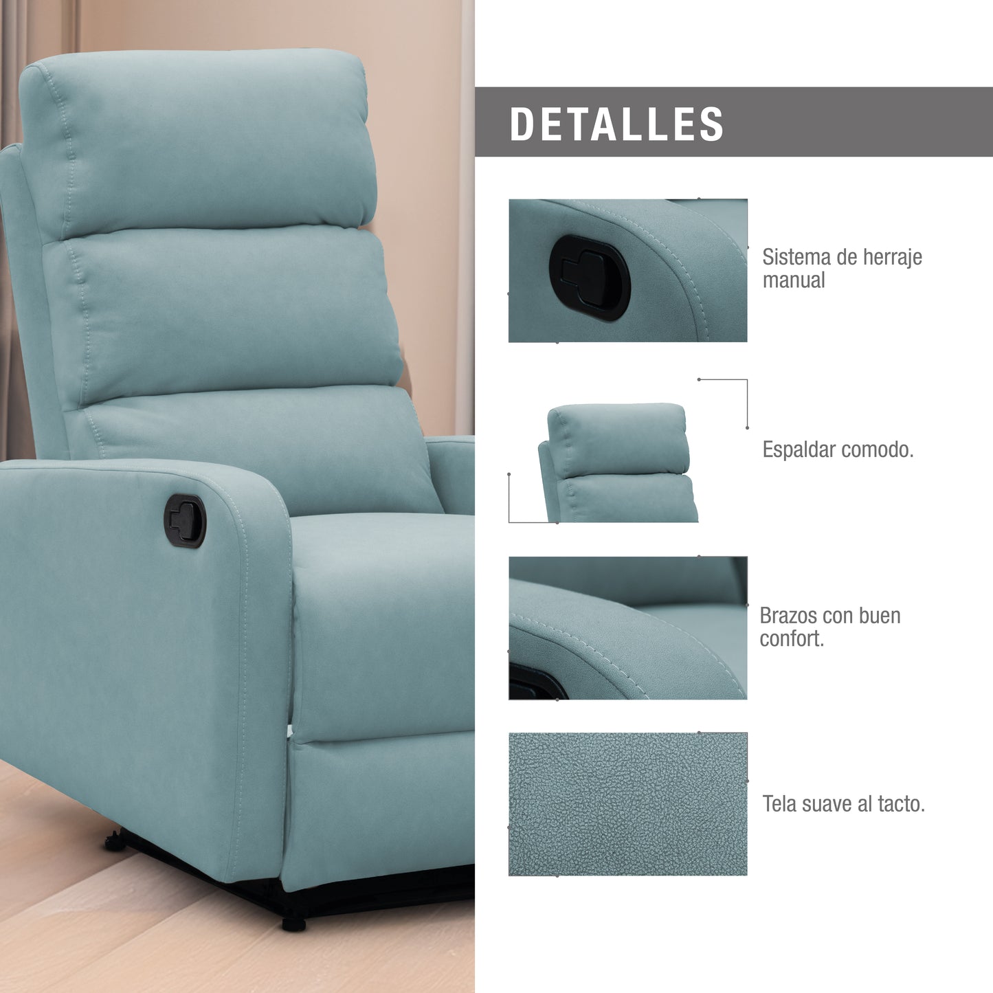 SILLA RECLINABLE ESTÁTICA PEKIN 1 PUESTO TIPO SINTETICO CELESTE