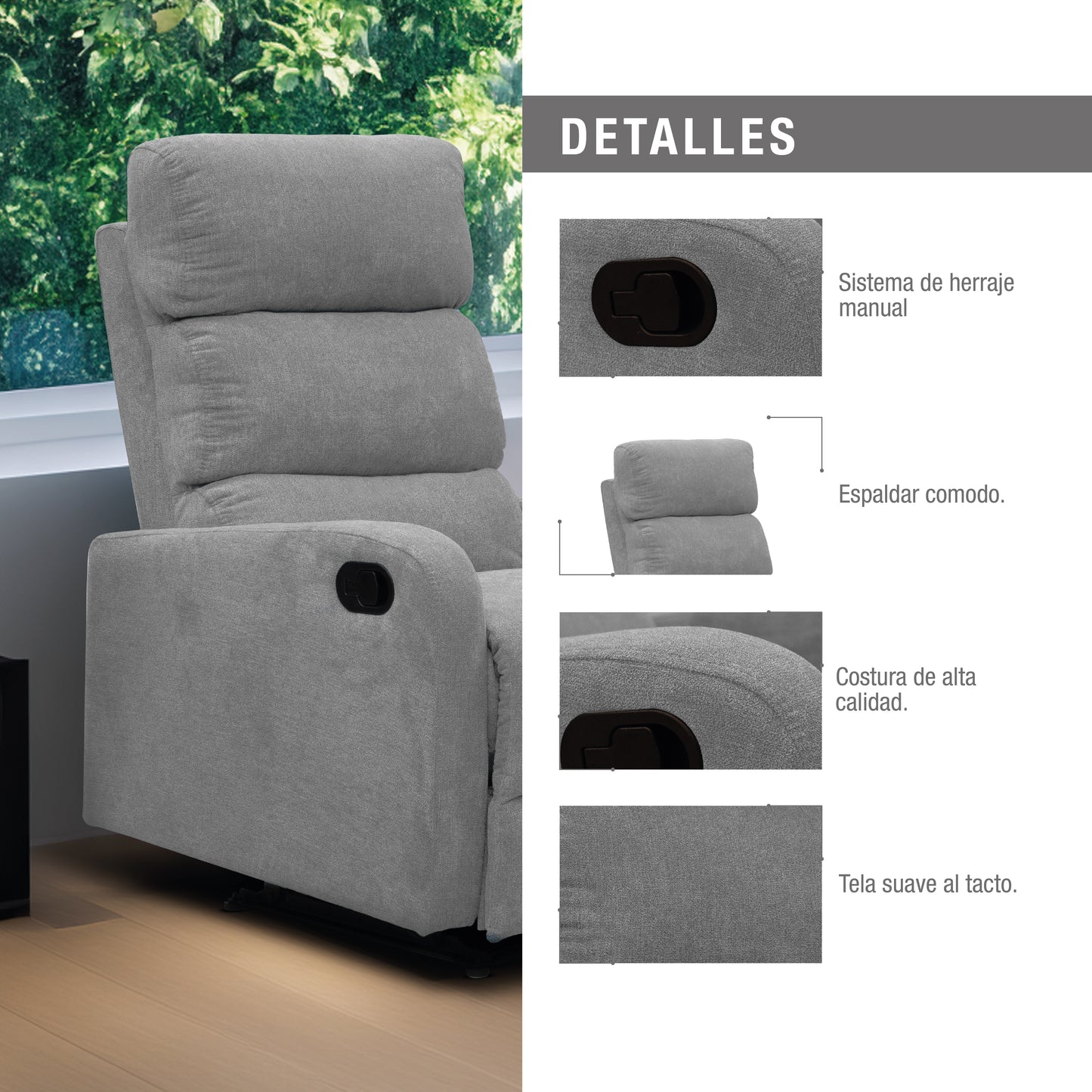 SILLA RECLINABLE ESTÁTICA PEKIN 1 PUESTO MICROFIBRA PLATA