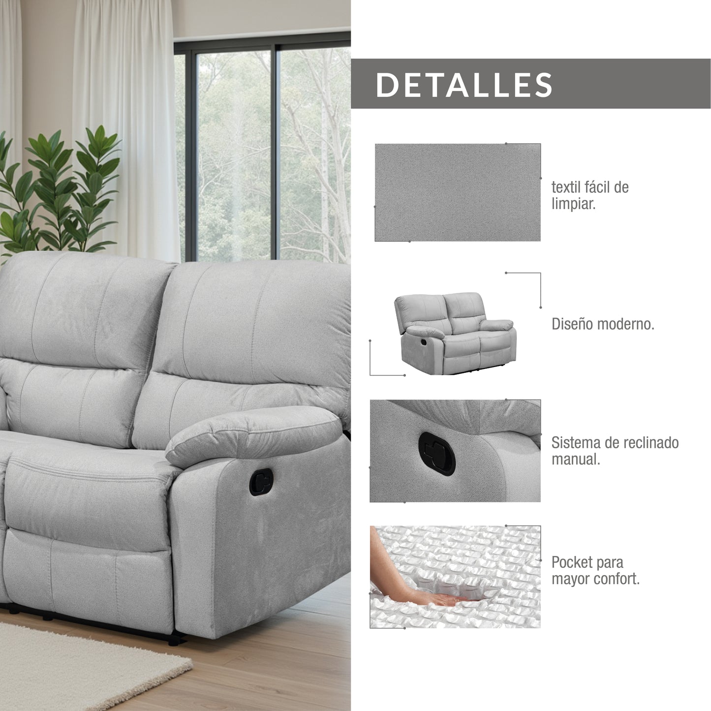 SOFA RECLINABLE GALL 2 PUESTOS ESTATICO MICROFIBRA PLATA