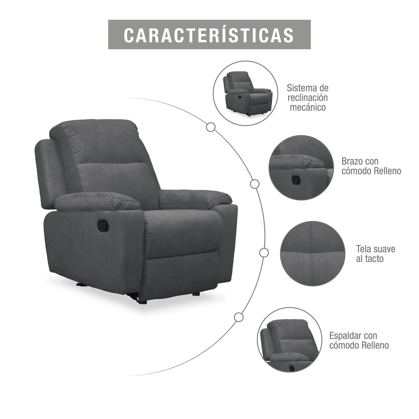 SILLA RECLINABLE ESTÁTICA MARSELLA MECEDORA MICROFIBRA.GRIS PLOMO