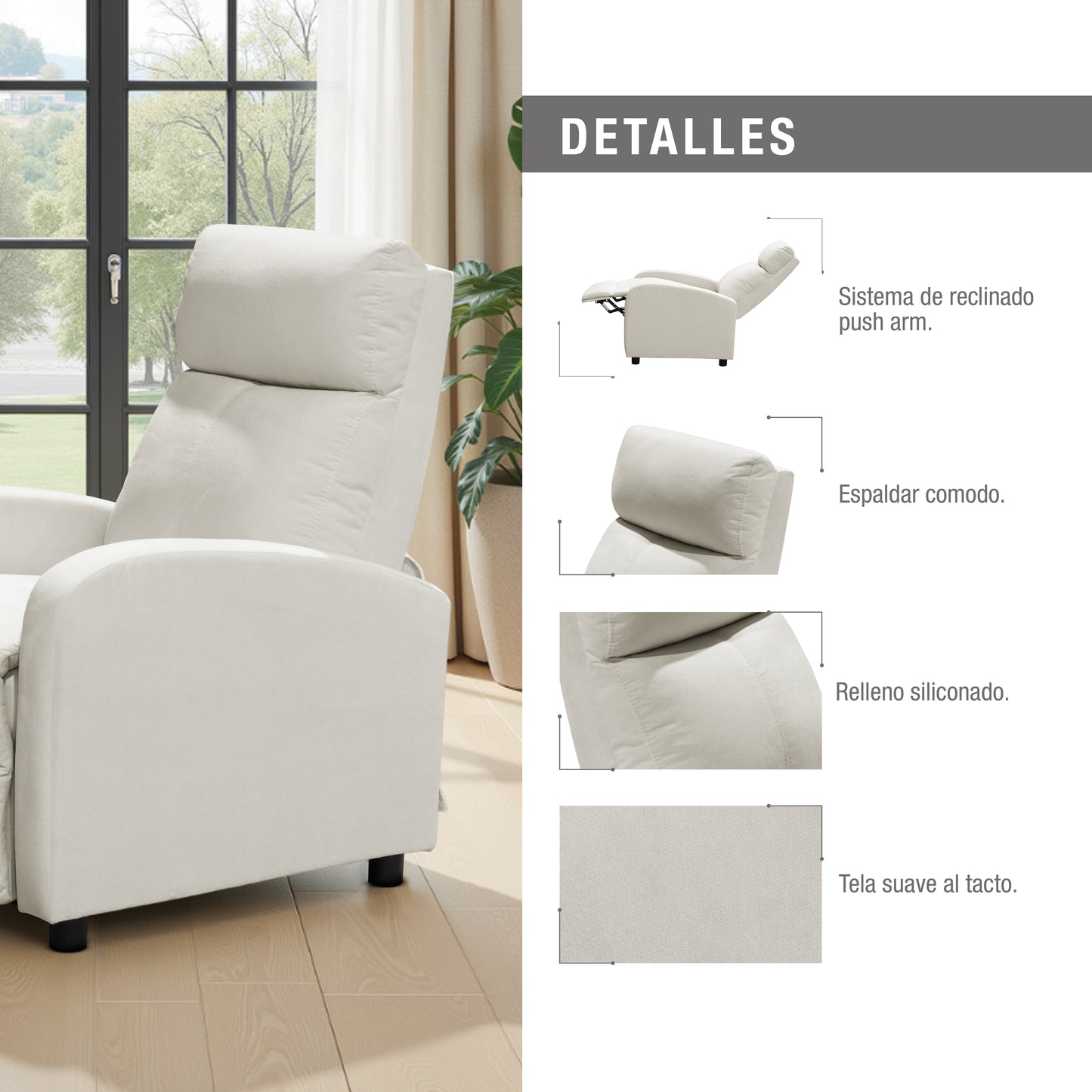 SILLA RECLINABLE DALY ESTATICA MICROFIBRA CRUDO