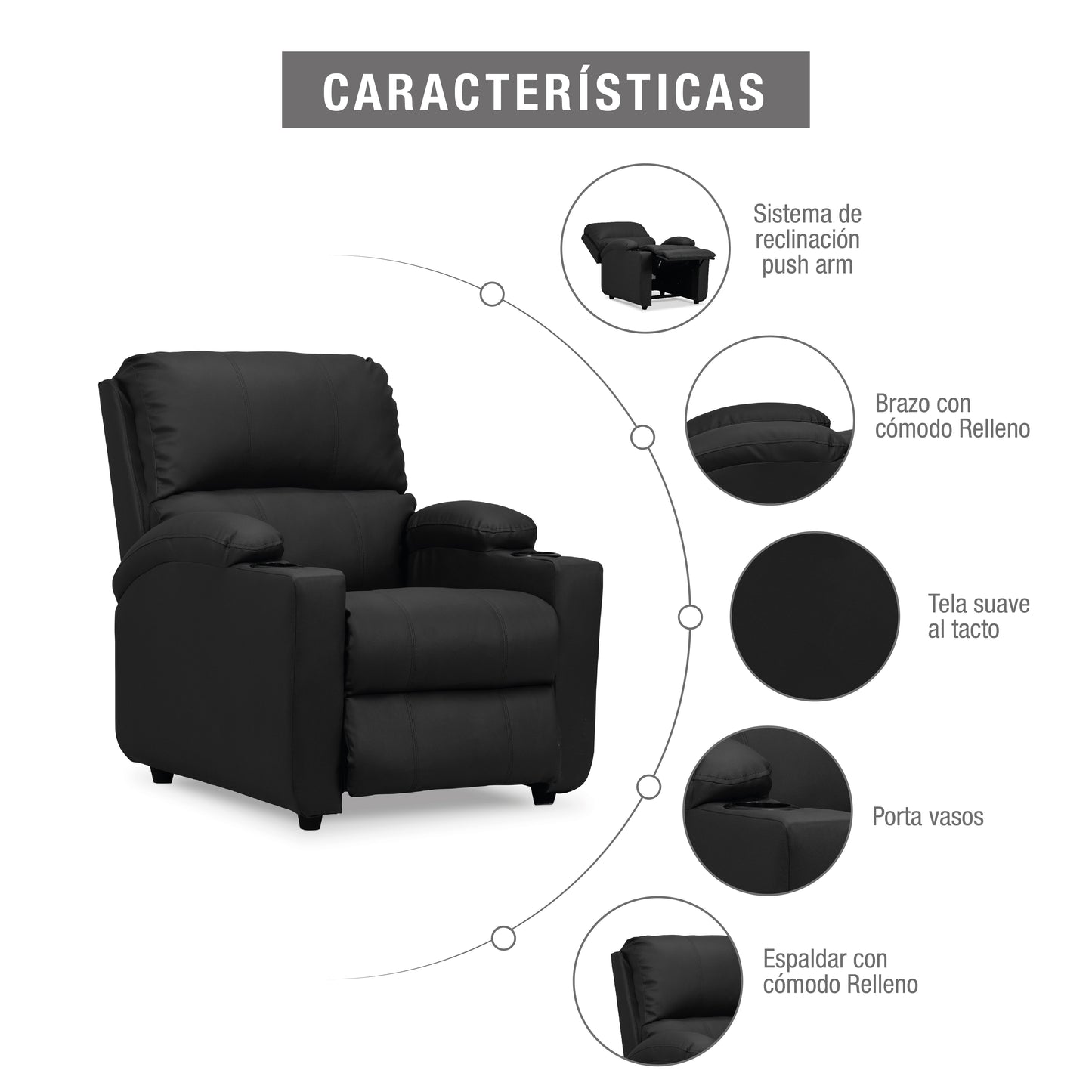 SILLA RECLINABLE ALAN 1 PUESTO ROMA NEGRO