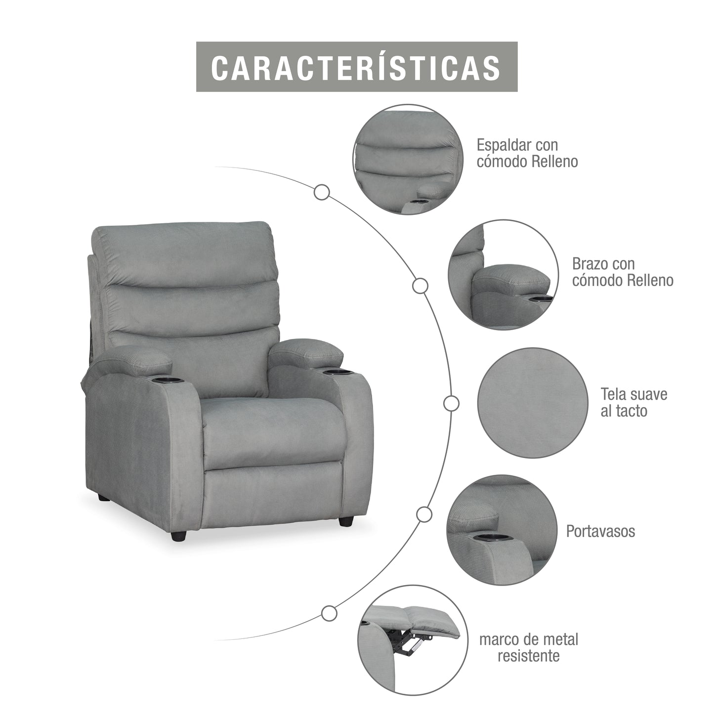SILLA RECLINABLE TREVI 1 PUESTO MICROFIBRA PLATA