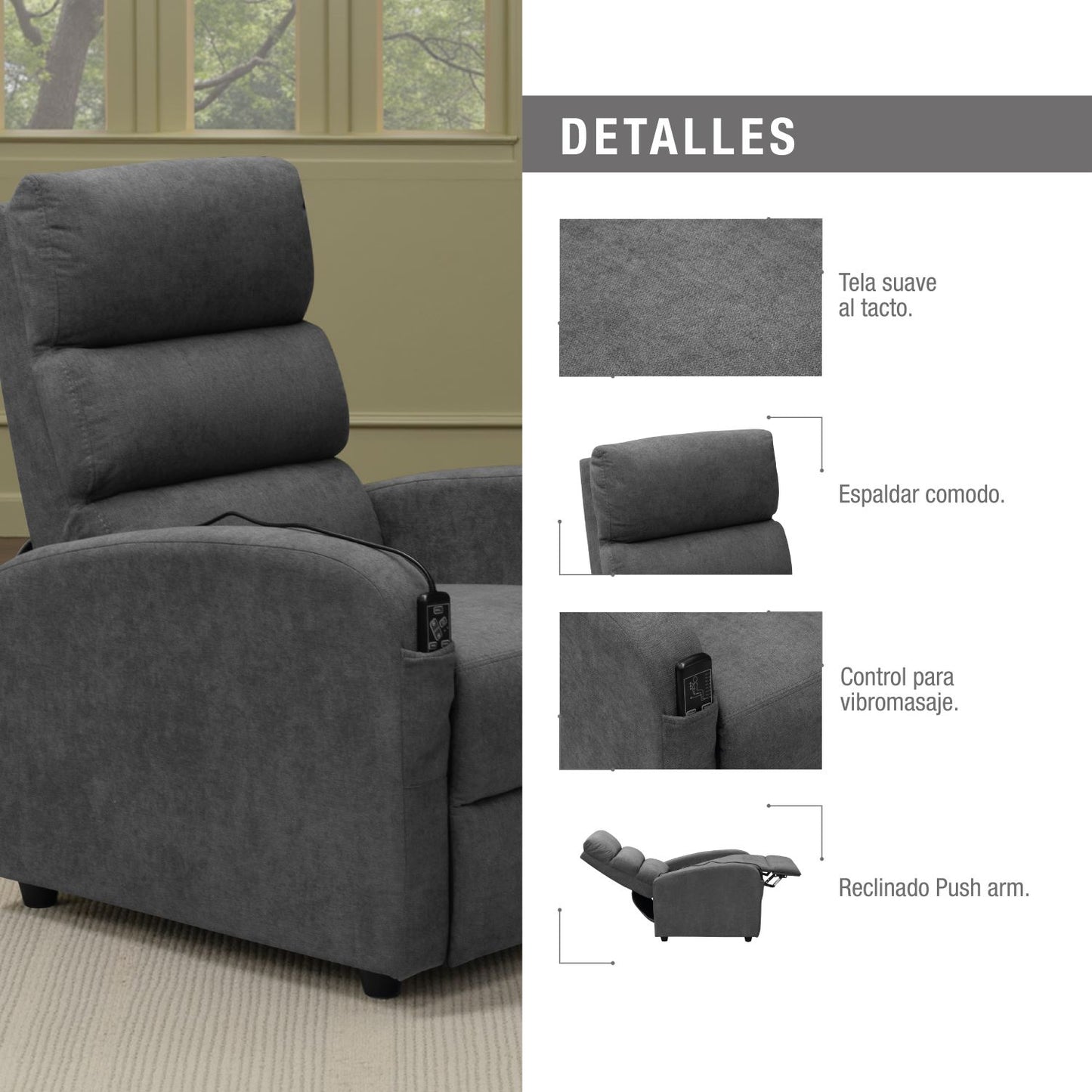 SILLA RECLINABLE ESTATICA CON MASAJE KLEIN 1 PUESTO MICROFIBRA GRIS PLOMO