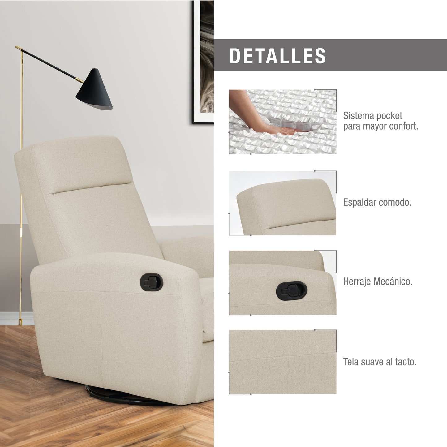 SILLA RECLINABLE ALASKA 1 PTO GIRAT/MECE EURO-BALI BEIGE