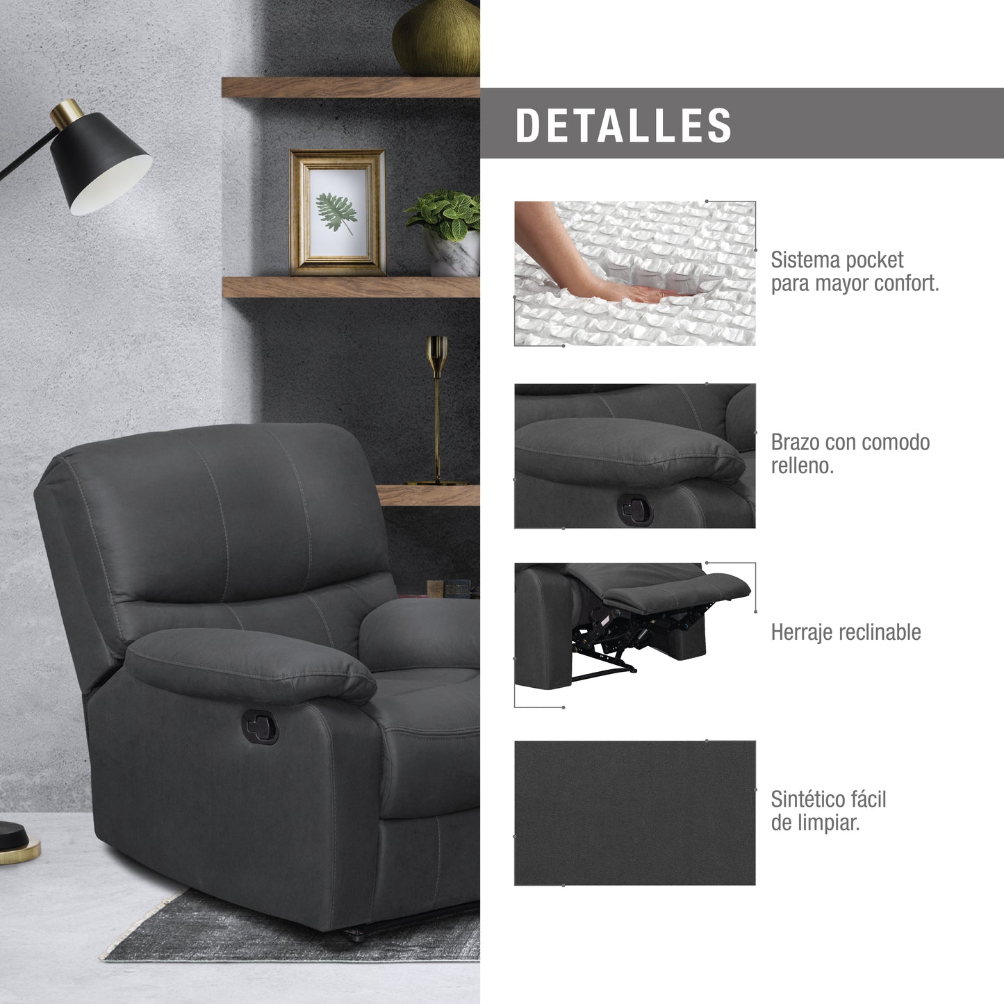 SILLA RECLINABLE GALL 1 PUESTO ESTATICA TIPO SINTETICO GRIS PLOMO