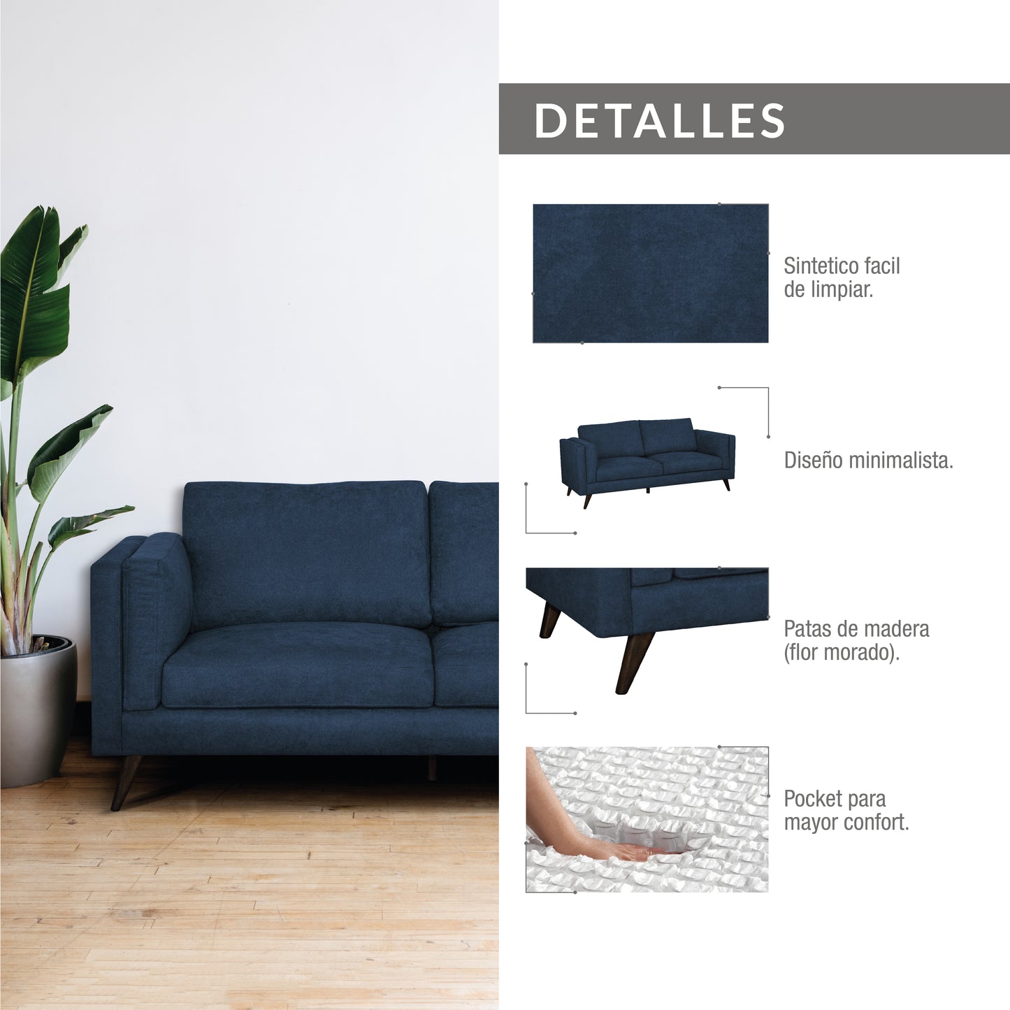 SOFA MONTREAL 3 PTOS MICROFIBRA AZUL