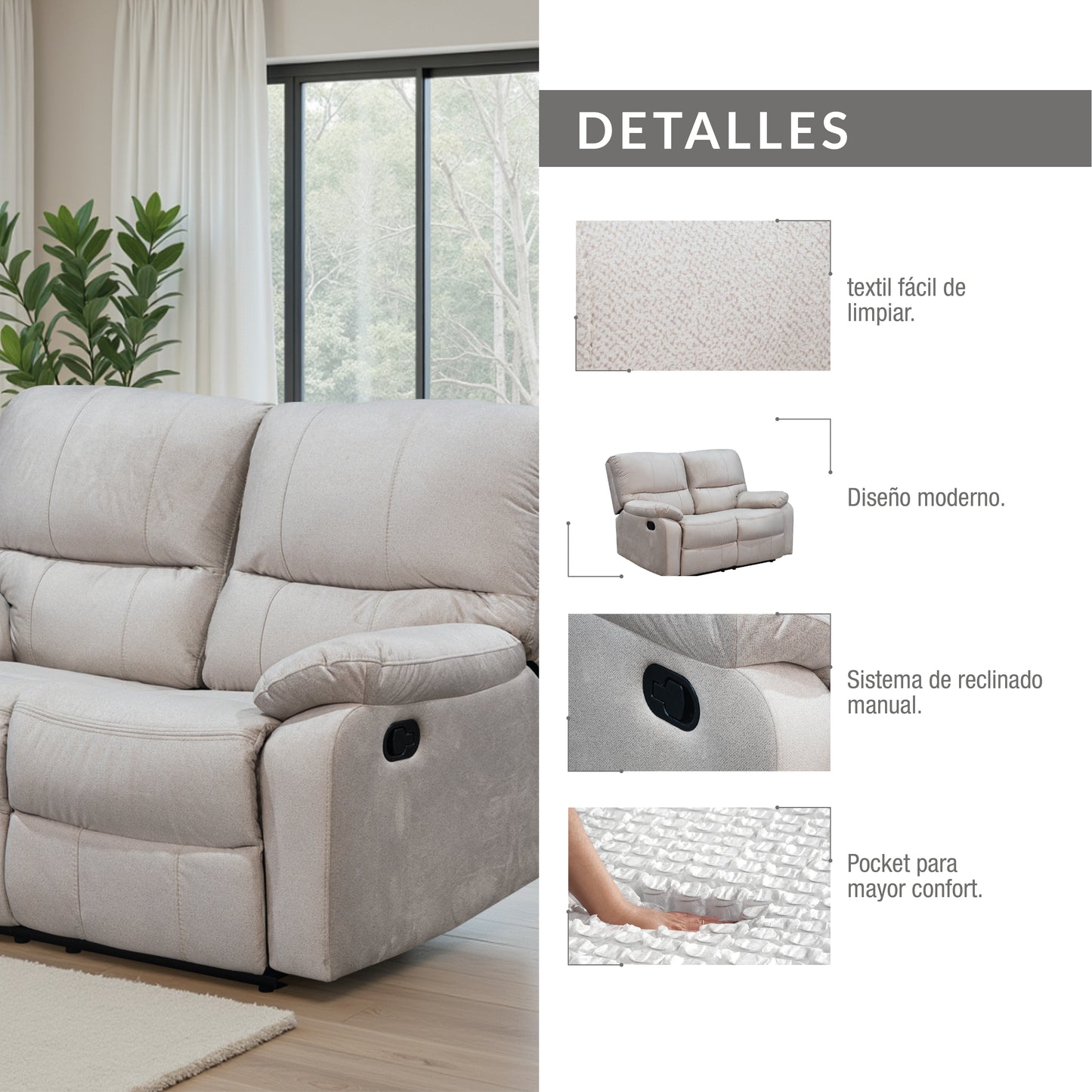 SOFA RECLINABLE GALL 2 PUESTOS ESTATICO MICROFIBRA CRUDO