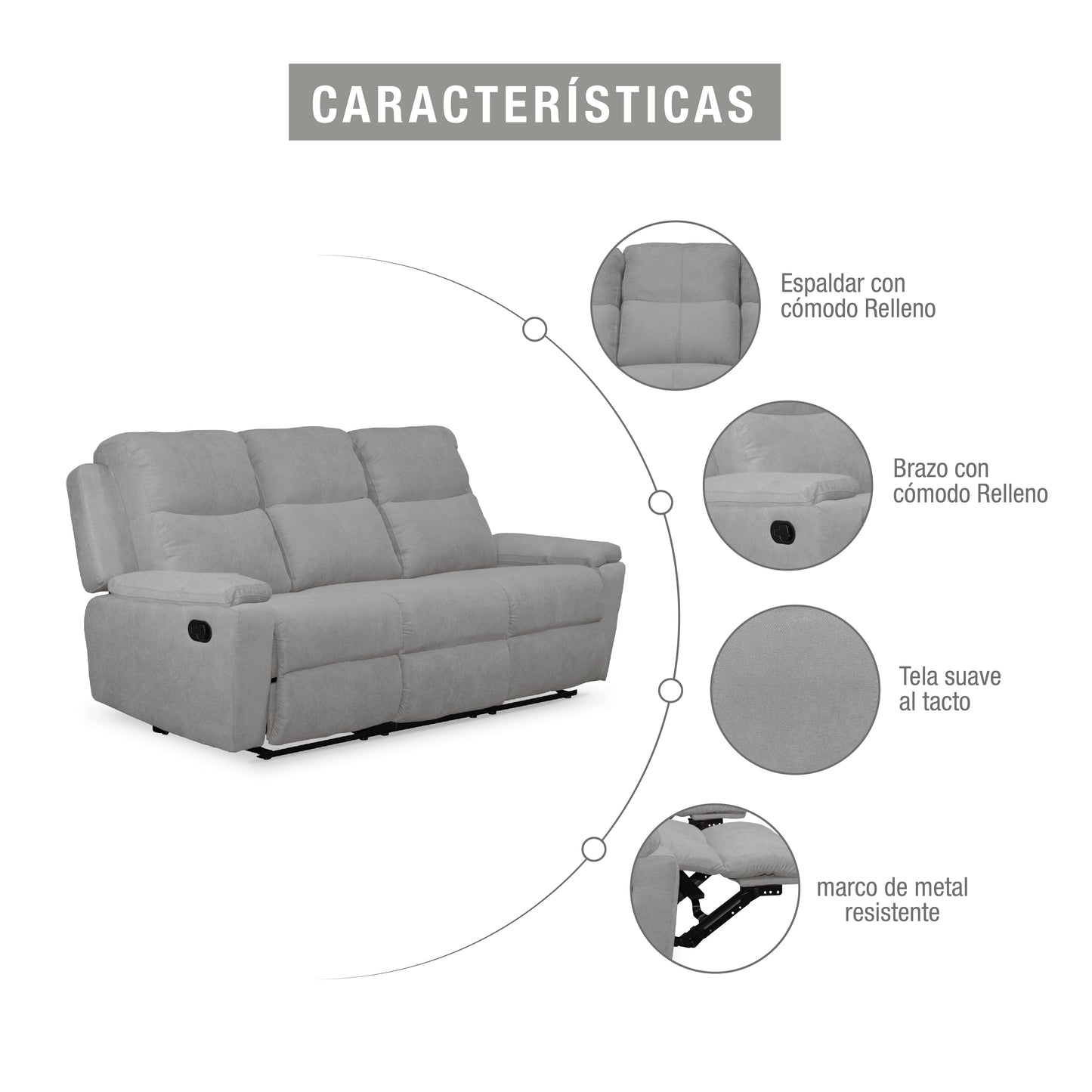 SOFA REC MARSELLA 3 PTOS ESTATICO MICROFIBRA PLATA