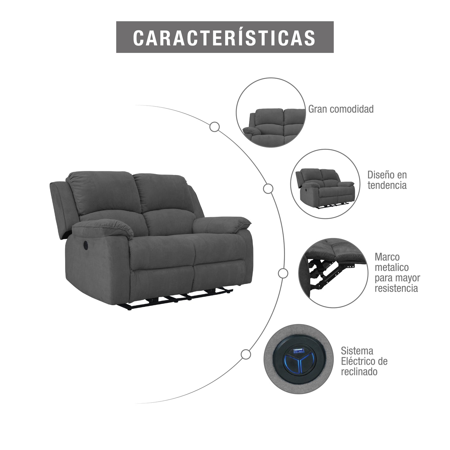 SOFA REC BROOKLYN 2 PTOS ESTATICO USB MICROFIBRA GRIS PLOMO