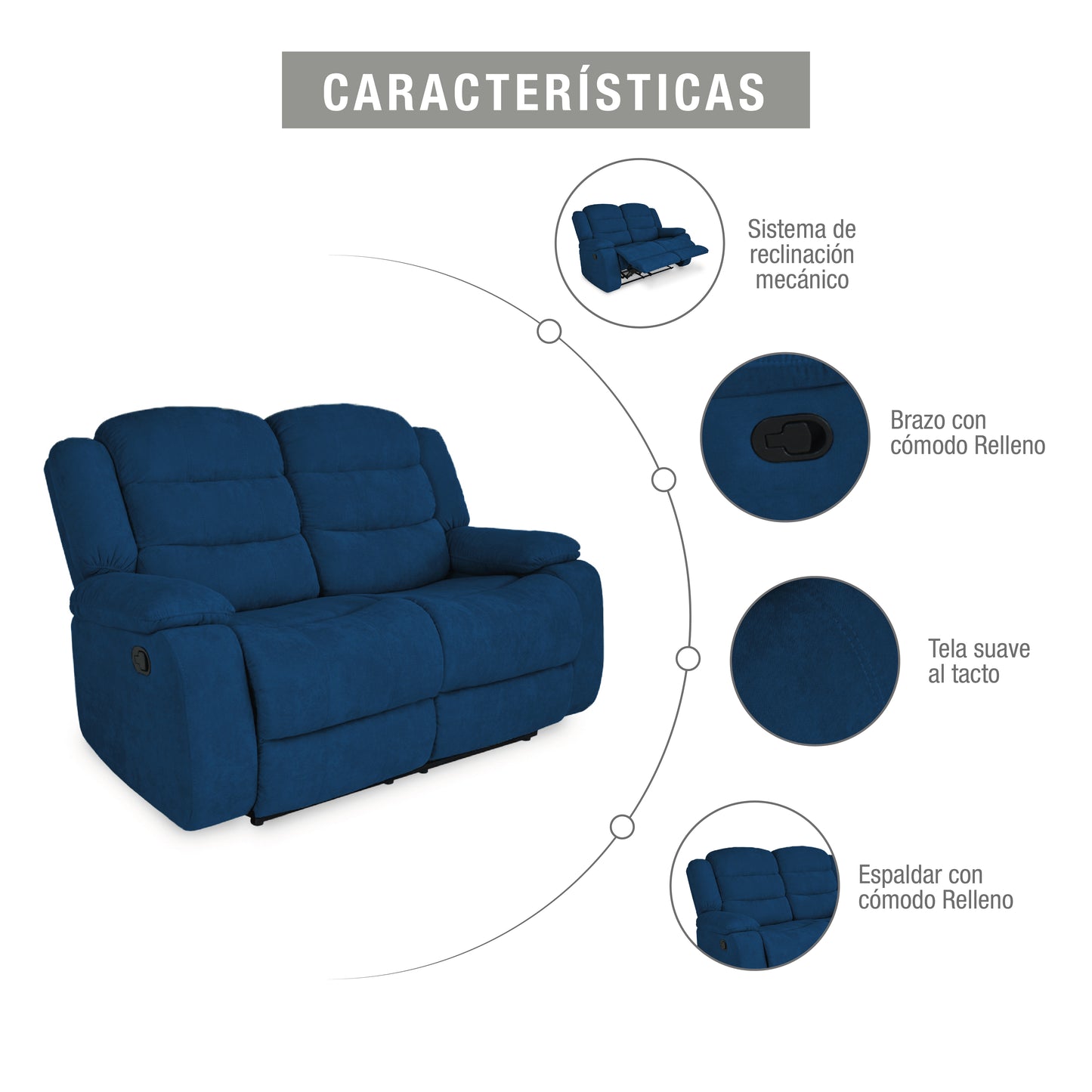 SOFA RECLINABLE GRAND 2 PUESTOS MICROFIBRA AZUL