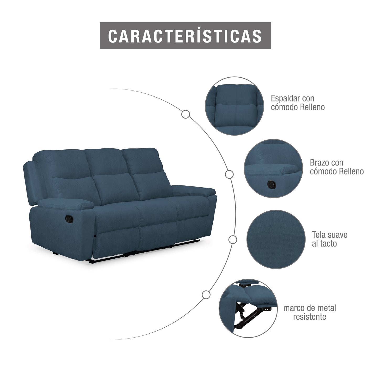 SOFA REC MARSELLA 3 PTOS ESTATICO MICROFIBRA AZUL