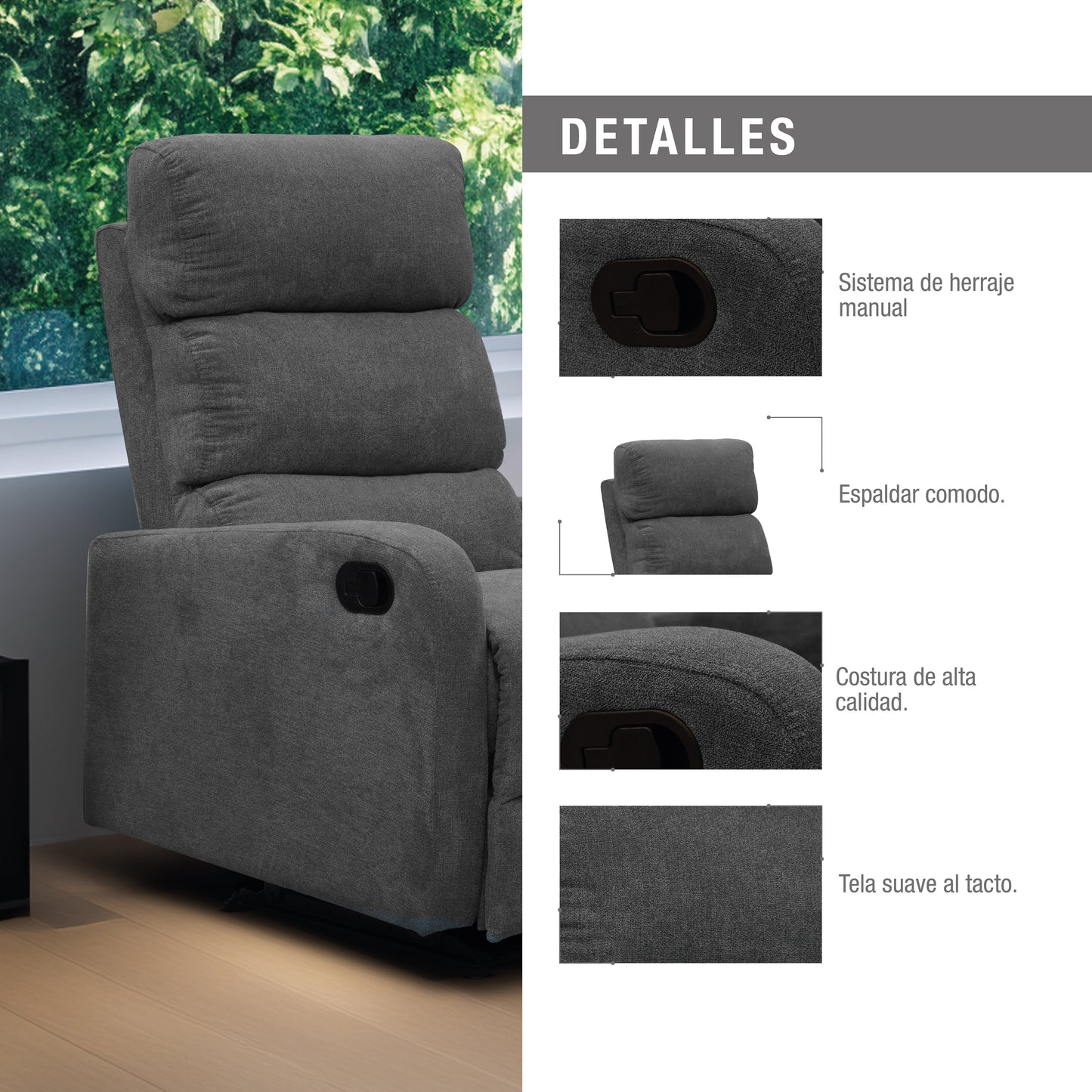 SILLA RECLINABLE ESTÁTICA PEKIN 1 PUESTO MICROFIBRA NAKANO