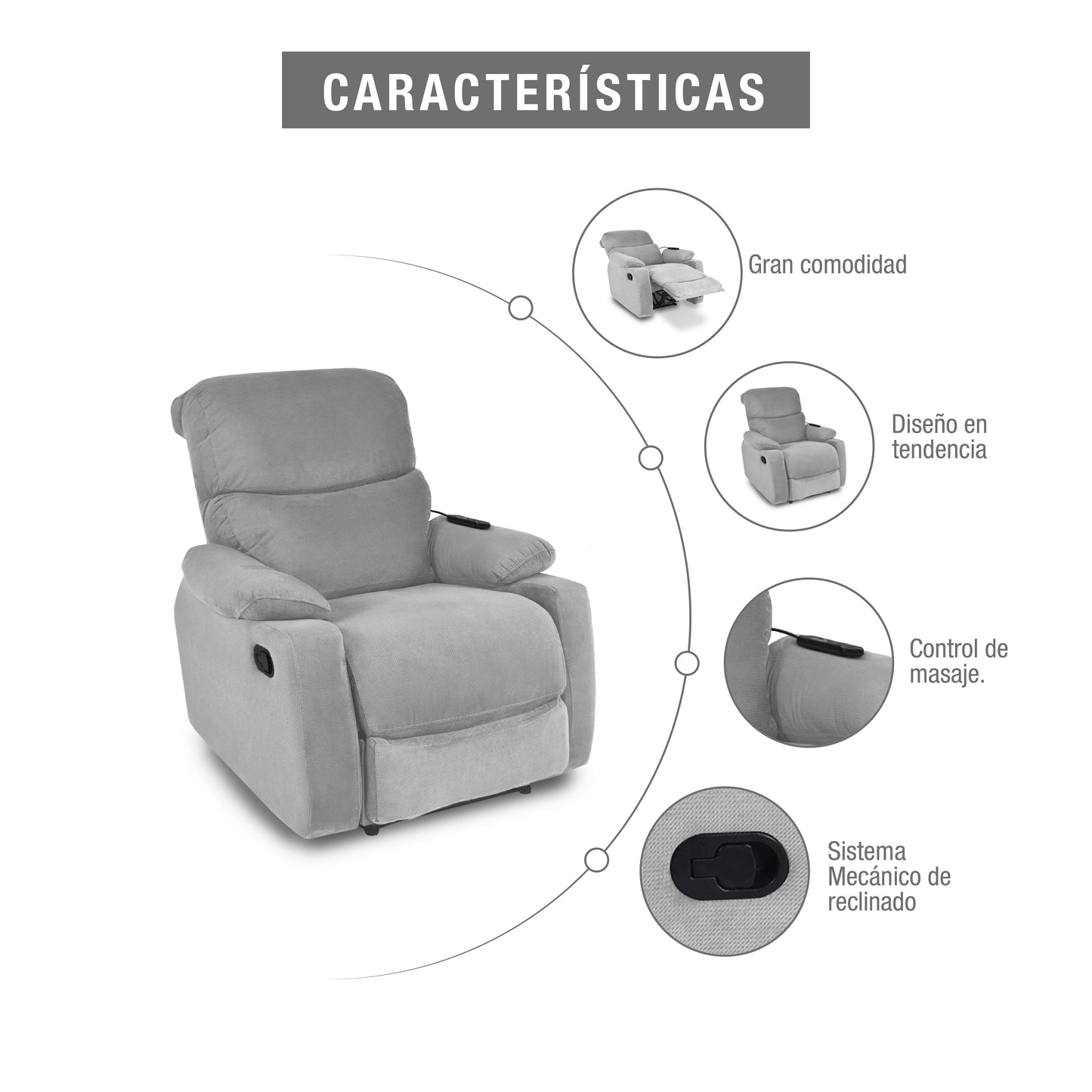 SILLA RECLINABLE VELARA 1 PUESTO ESTATICA MASAJE MICROFIBRA PLATA