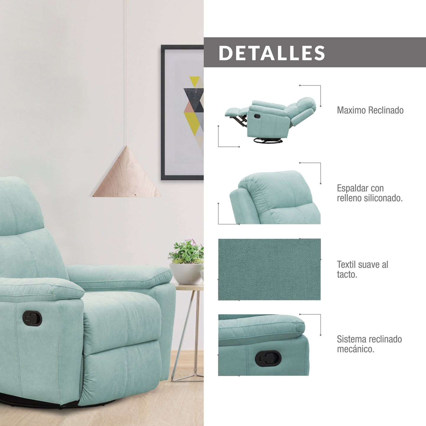 SILLA RECLINABLE MECEDORA GIRATORIA MARSELLA MICROFIBRA. AQUA