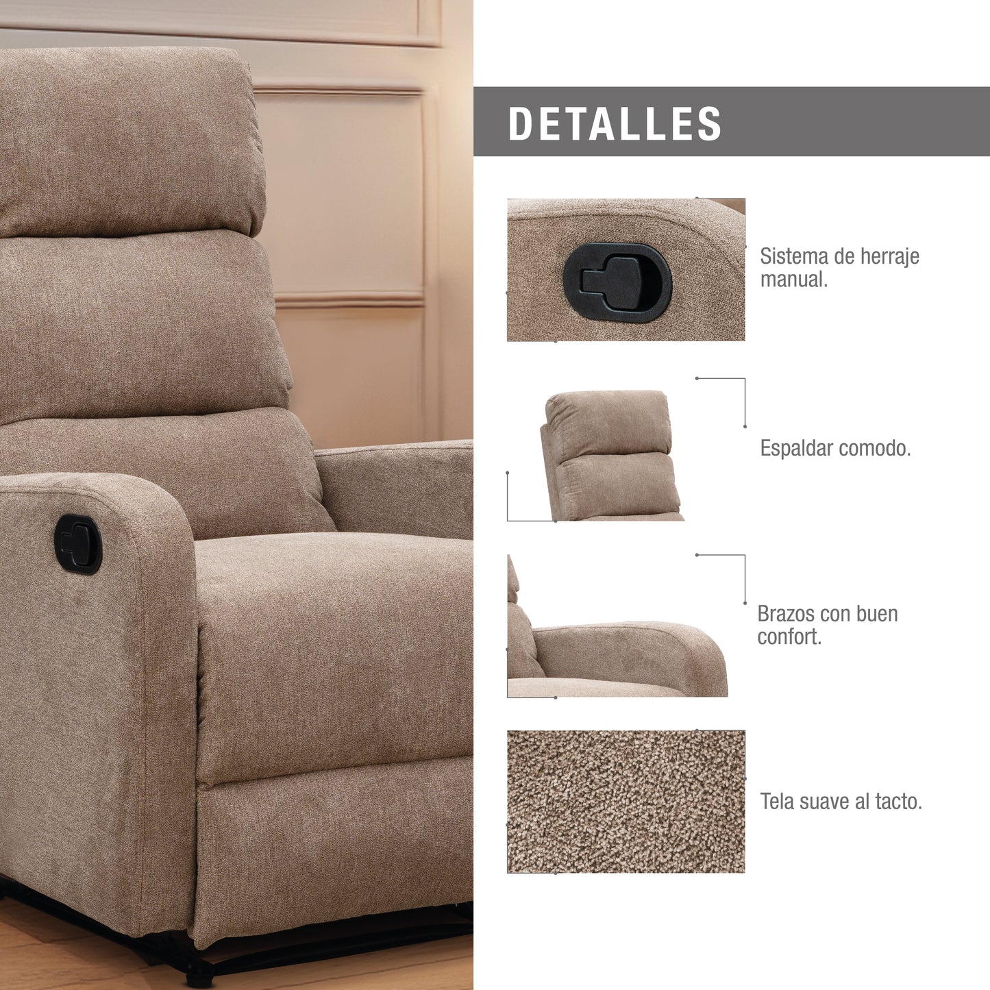 SILLA RECLINABLE ESTÁTICA PEKIN 1 PUESTO MICROFIBRA TAUPE