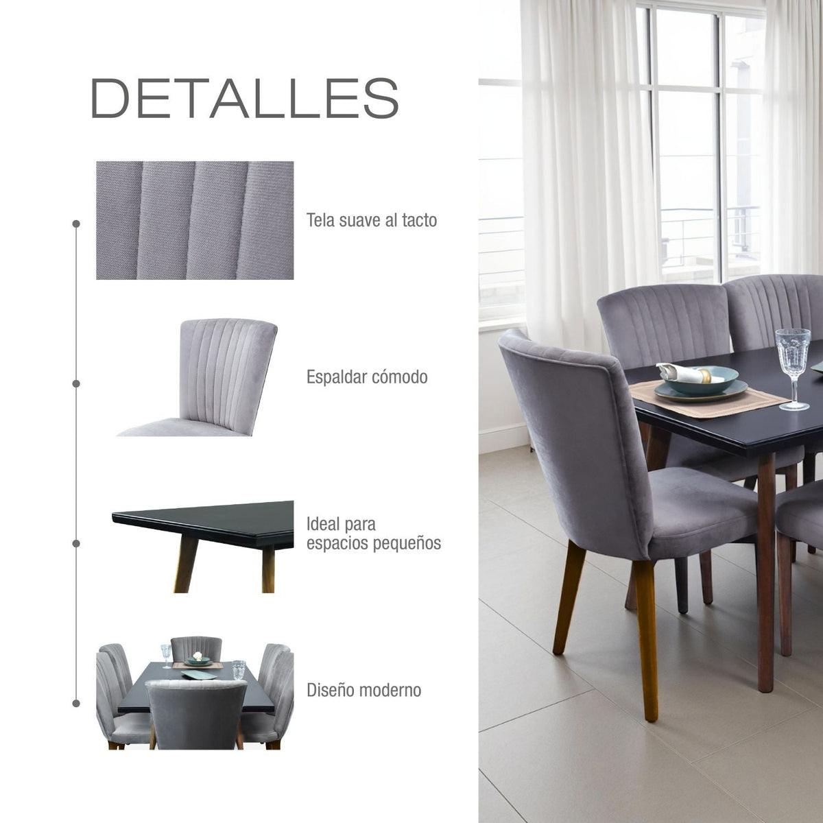 Comedor 6 puestos regina microfibra negro natural gris plomo