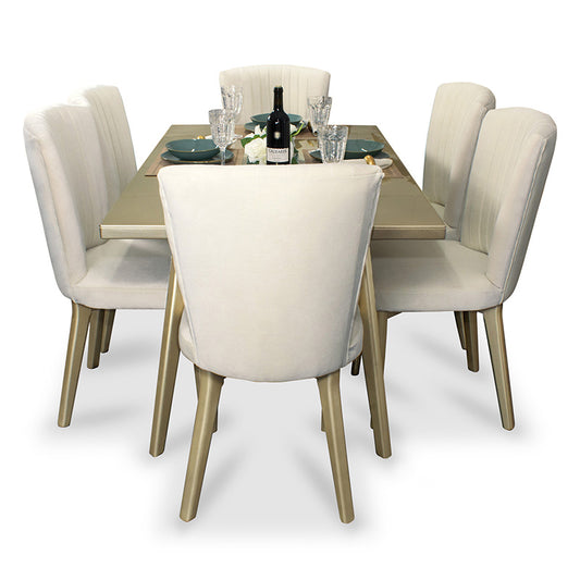 COMEDOR 6 PUESTOS REGINA MICROFIBRA CHAMPAÑA CHAMPAÑA CRUDO