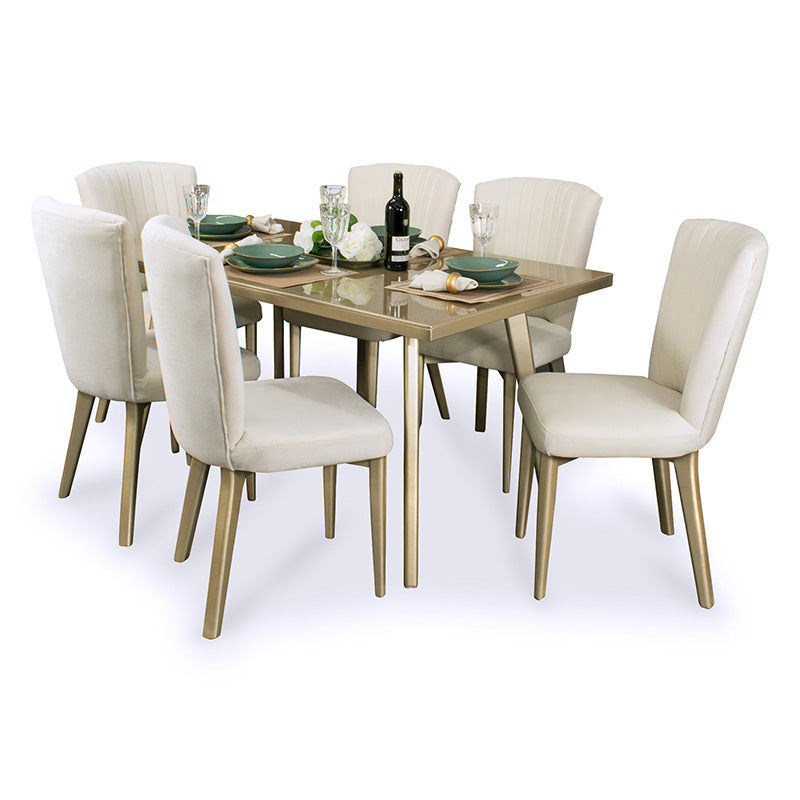 COMEDOR 6 PUESTOS REGINA MICROFIBRA CHAMPAÑA CHAMPAÑA CRUDO