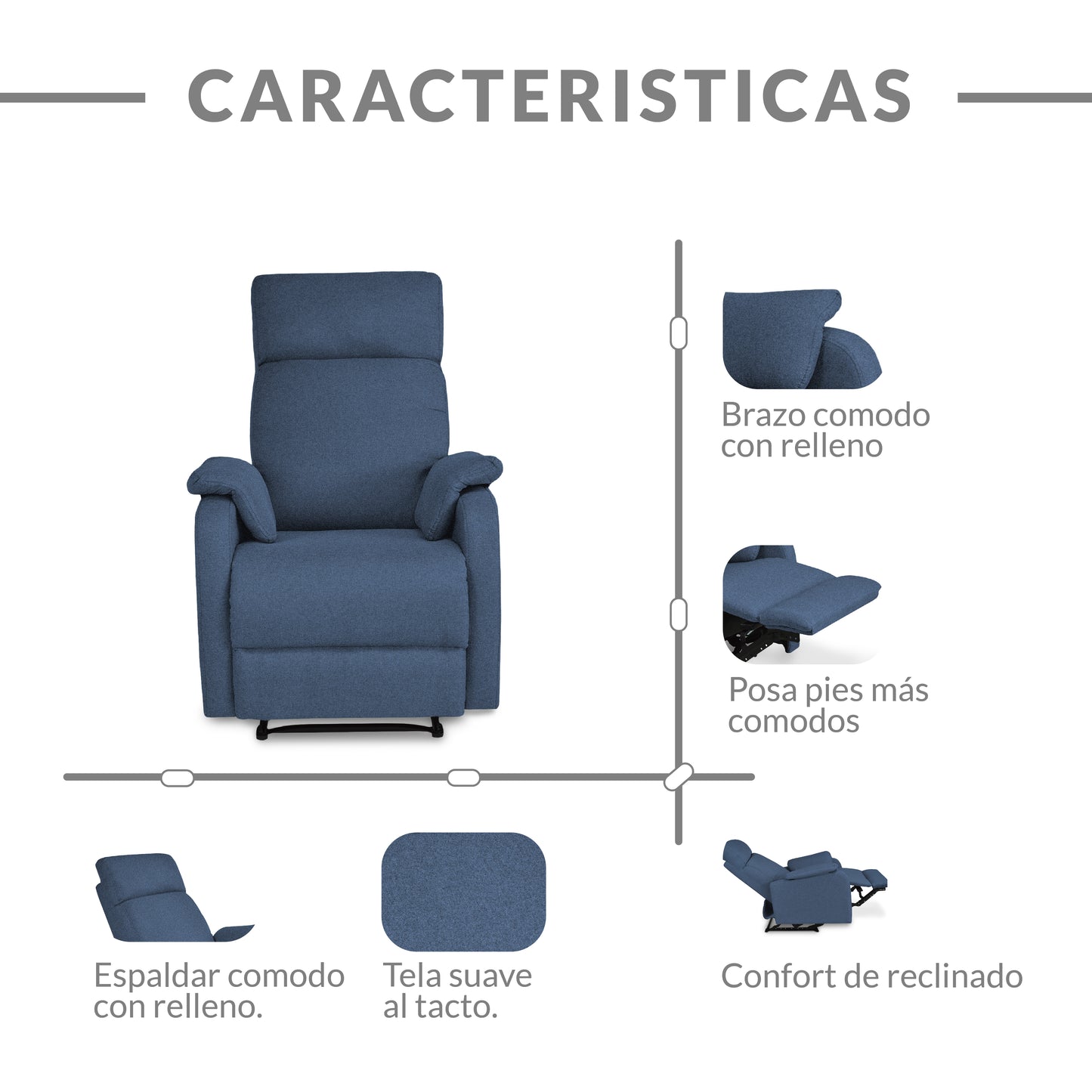 SILLA RECLINABLE VELVET MICROFIBRA AZUL