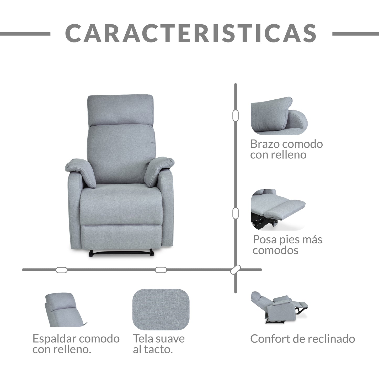 SILLA RECLINABLE VELVET 1 PUESTO MICROFIBRA GRIS CLARO