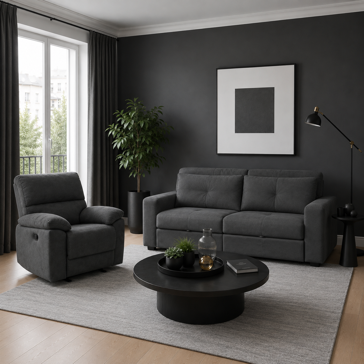 Combo Sofá cama Bourbon 140 gris plomo + Rec. Alexa Micf. Gris Plomo
