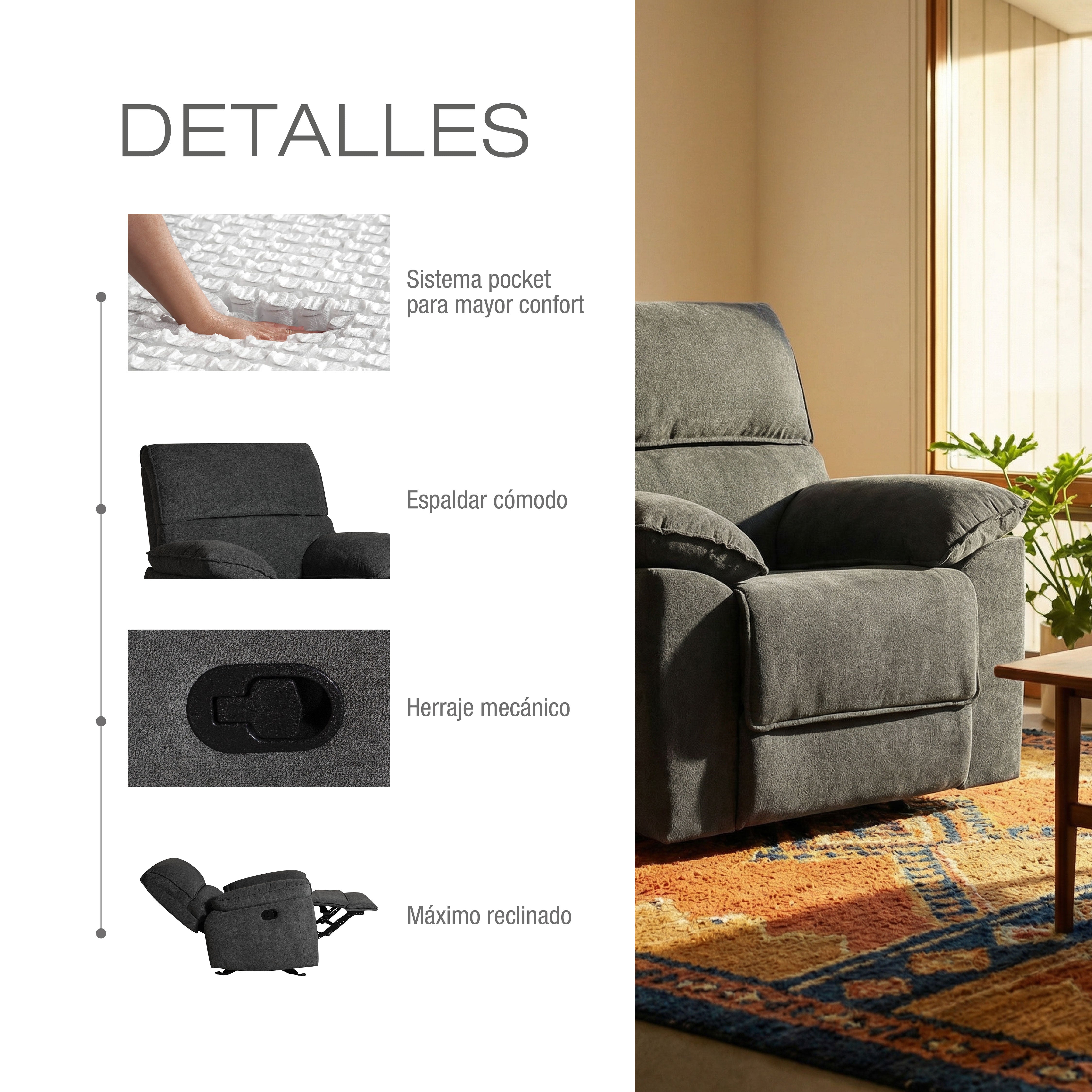 Silla Reclinable Alexa Microfibra Gris Plomo