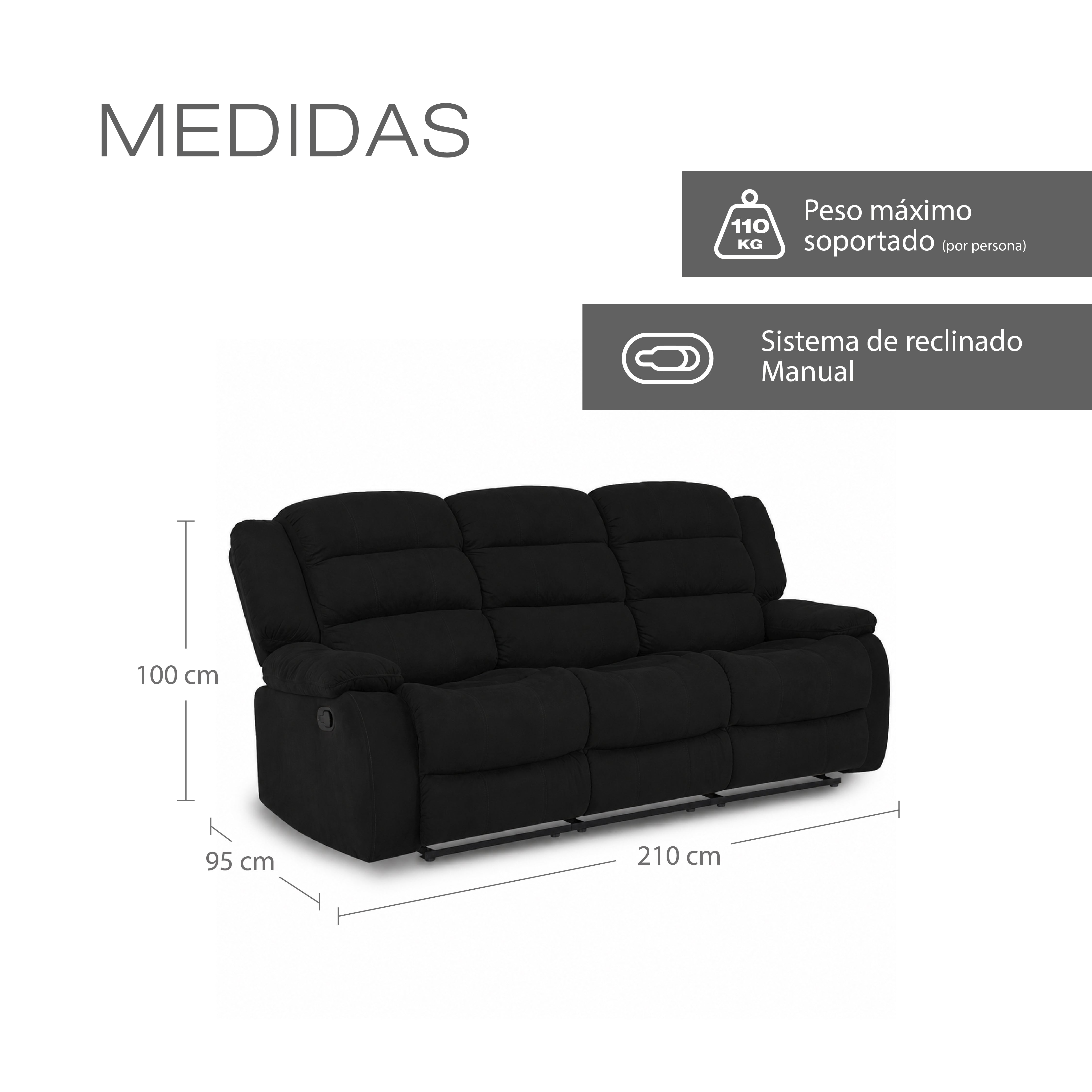Sofá Reclinable Dhaka 3 Puestos Microfibra negro
