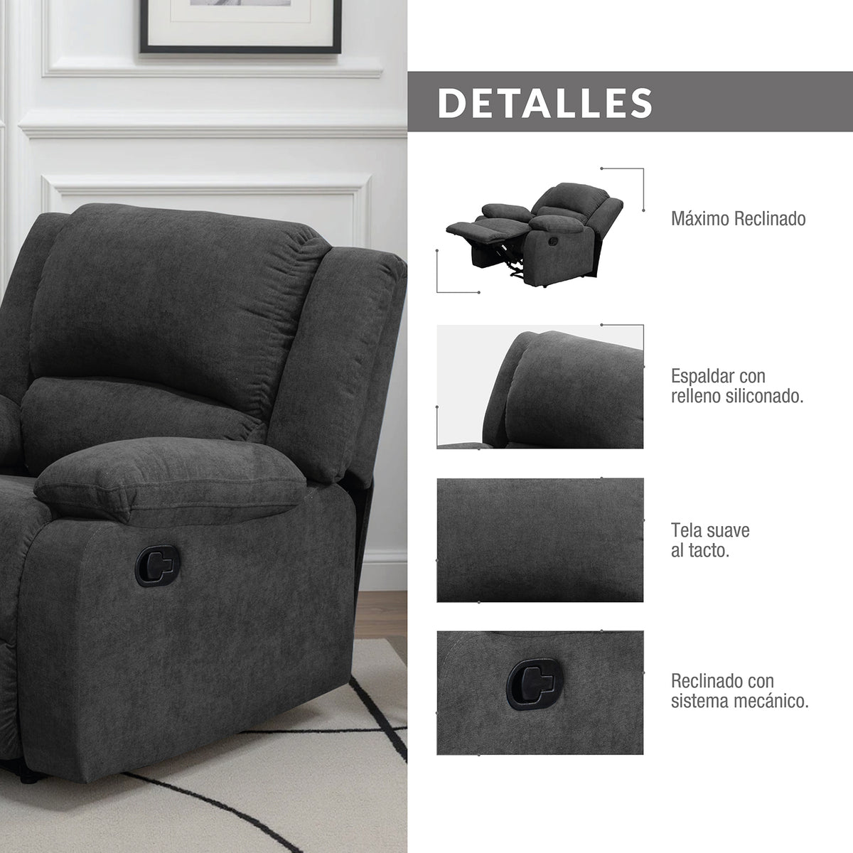 Reclinable Sull estática Microfibra Gris Plomo
