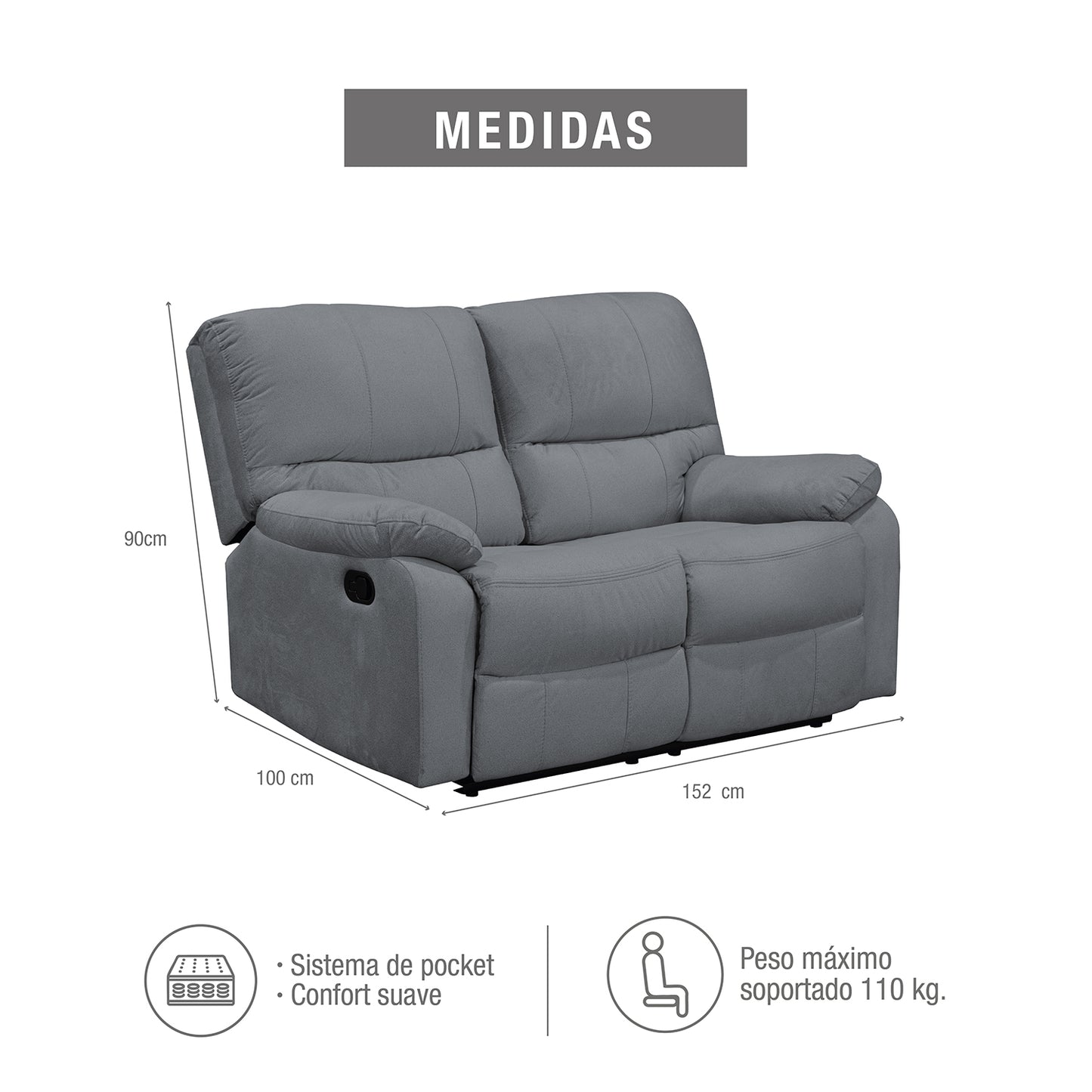 SOFA RECLINABLE GALL 2 PUESTOS ESTATICO MICROFIBRA GRIS PLOMO