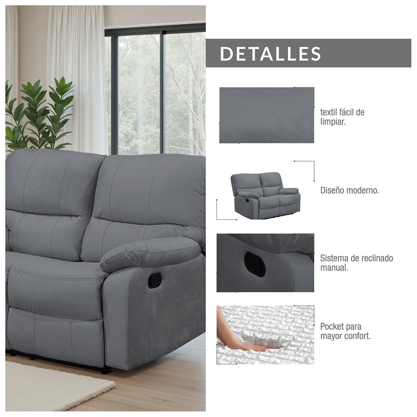SOFA RECLINABLE GALL 2 PUESTOS ESTATICO MICROFIBRA GRIS PLOMO