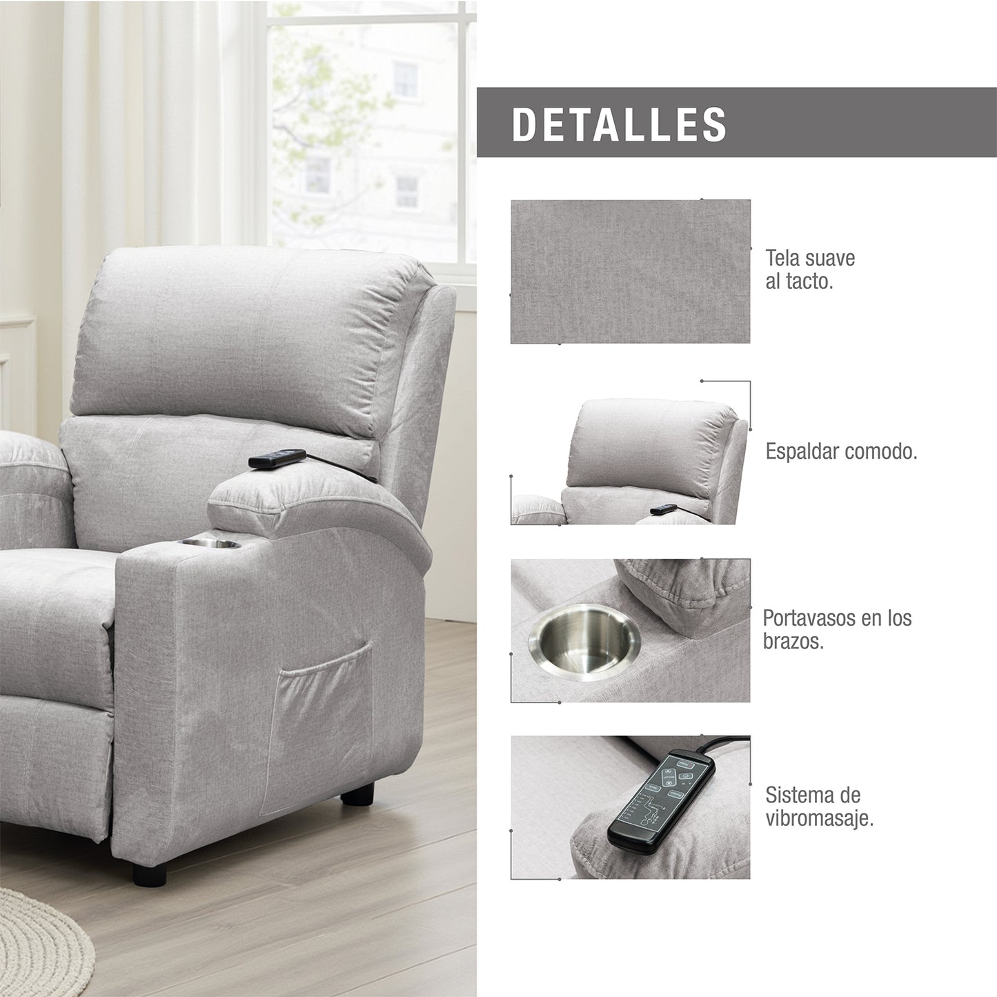 SILLA RECLINABLE ESTATICA ALAN ATLAS SILVER CON MASAJE MICROFIBRA PLATA