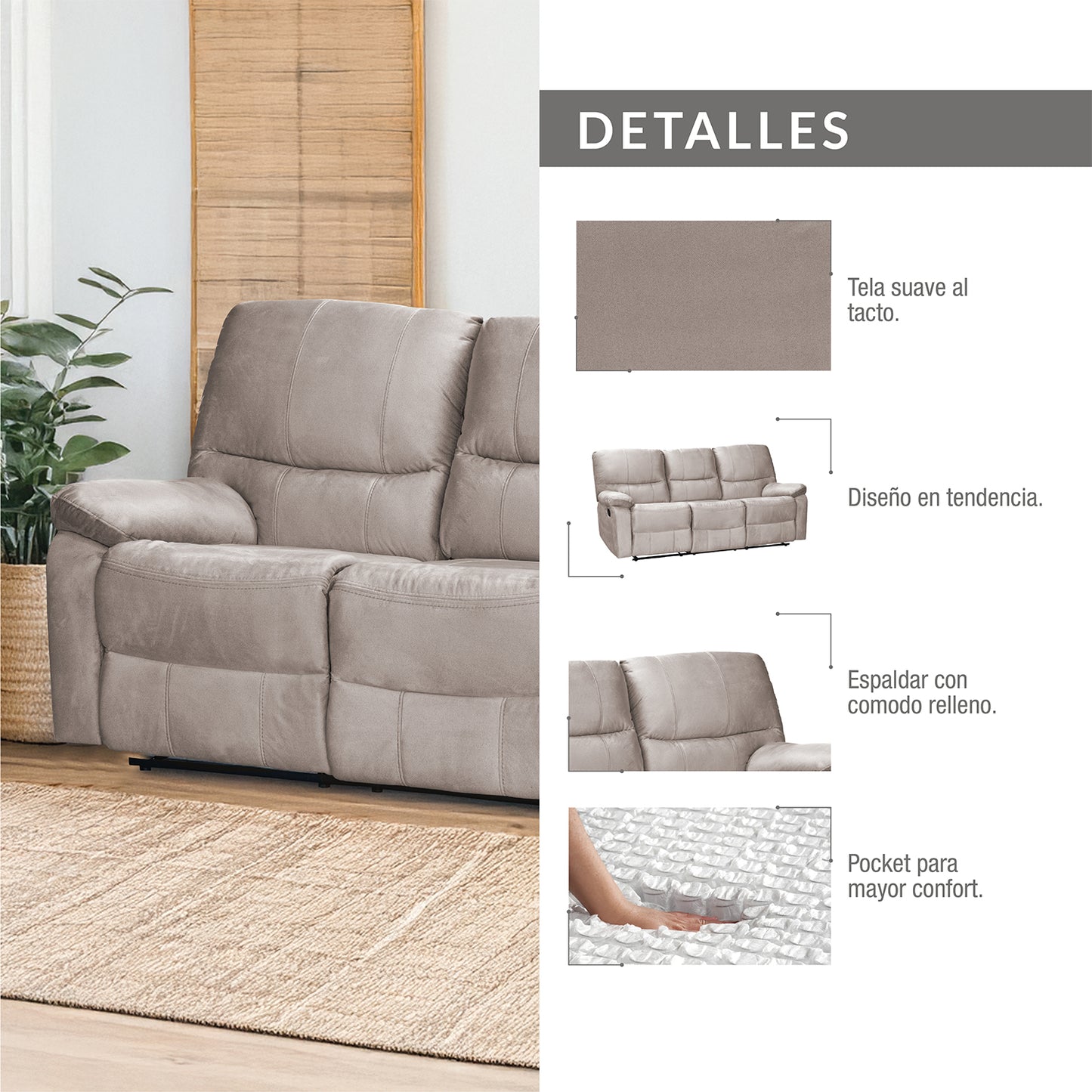 SOFA RECLINABLE GALL 3 PUESTOS MICROFIBRA CRUDO