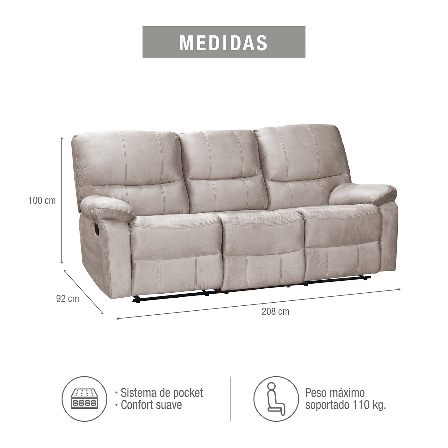 SOFA RECLINABLE GALL 3 PUESTOS MICROFIBRA CRUDO