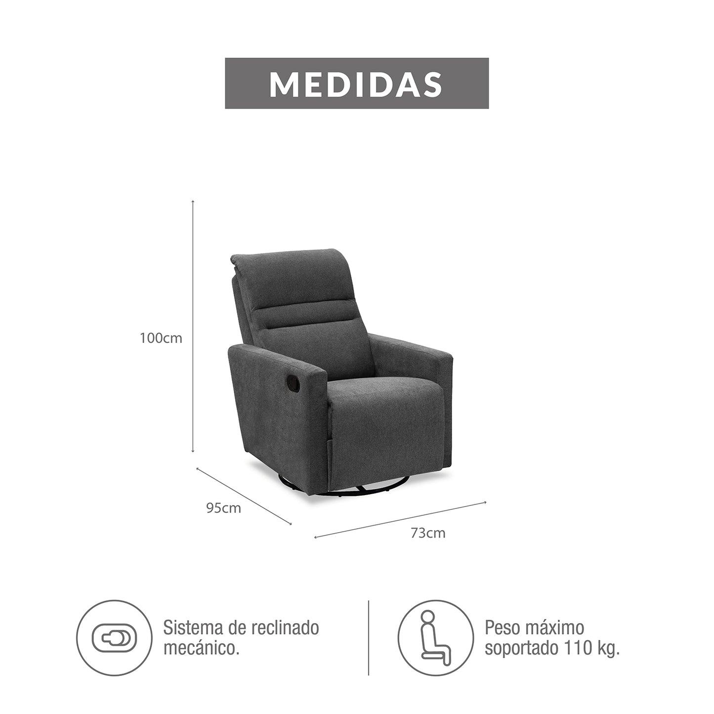SILLA RECLINABLE MECEDORA GIRATORIA ARTHUR 1 PUESTO MICROFIBRA HUMO