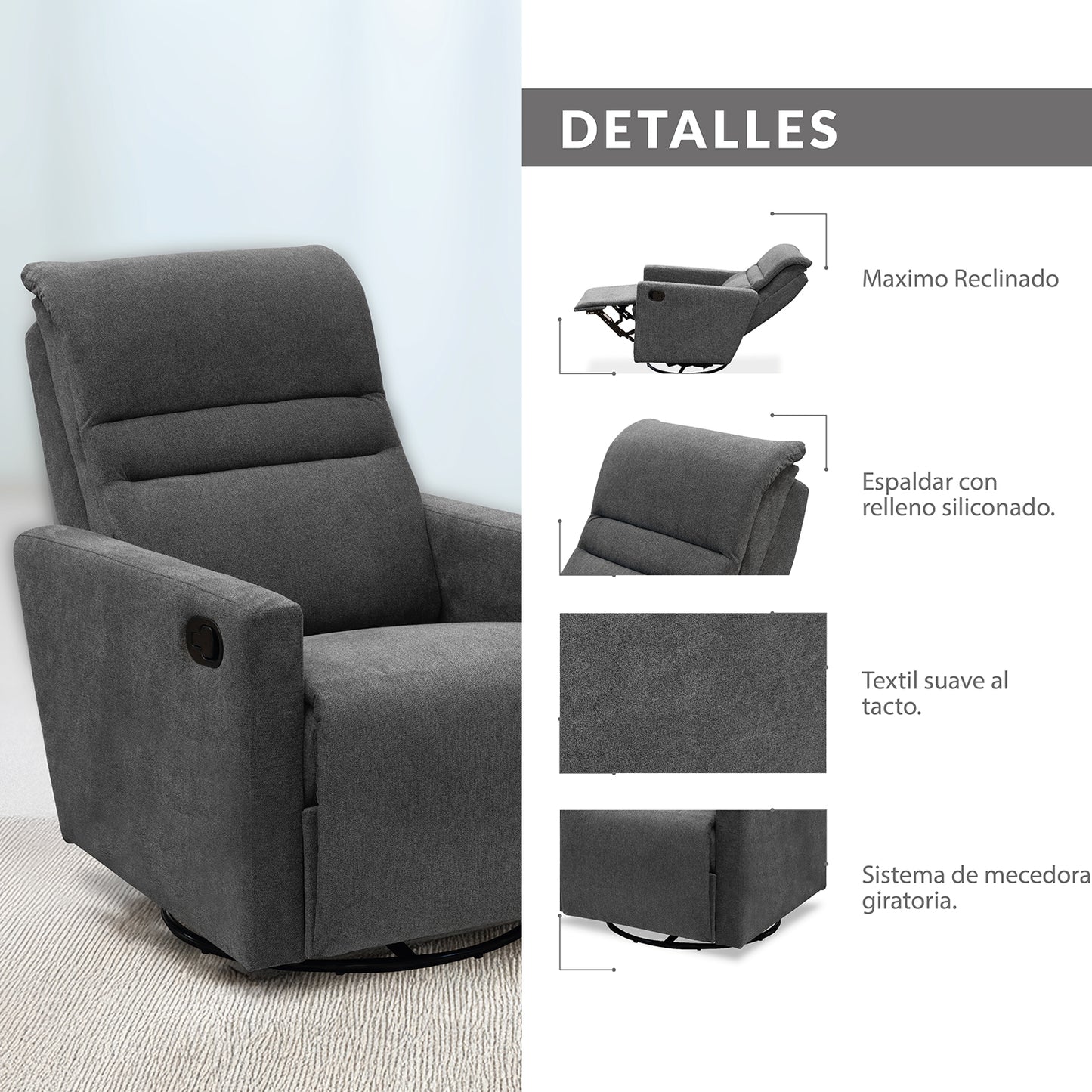 SILLA RECLINABLE MECEDORA GIRATORIA ARTHUR 1 PUESTO MICROFIBRA HUMO