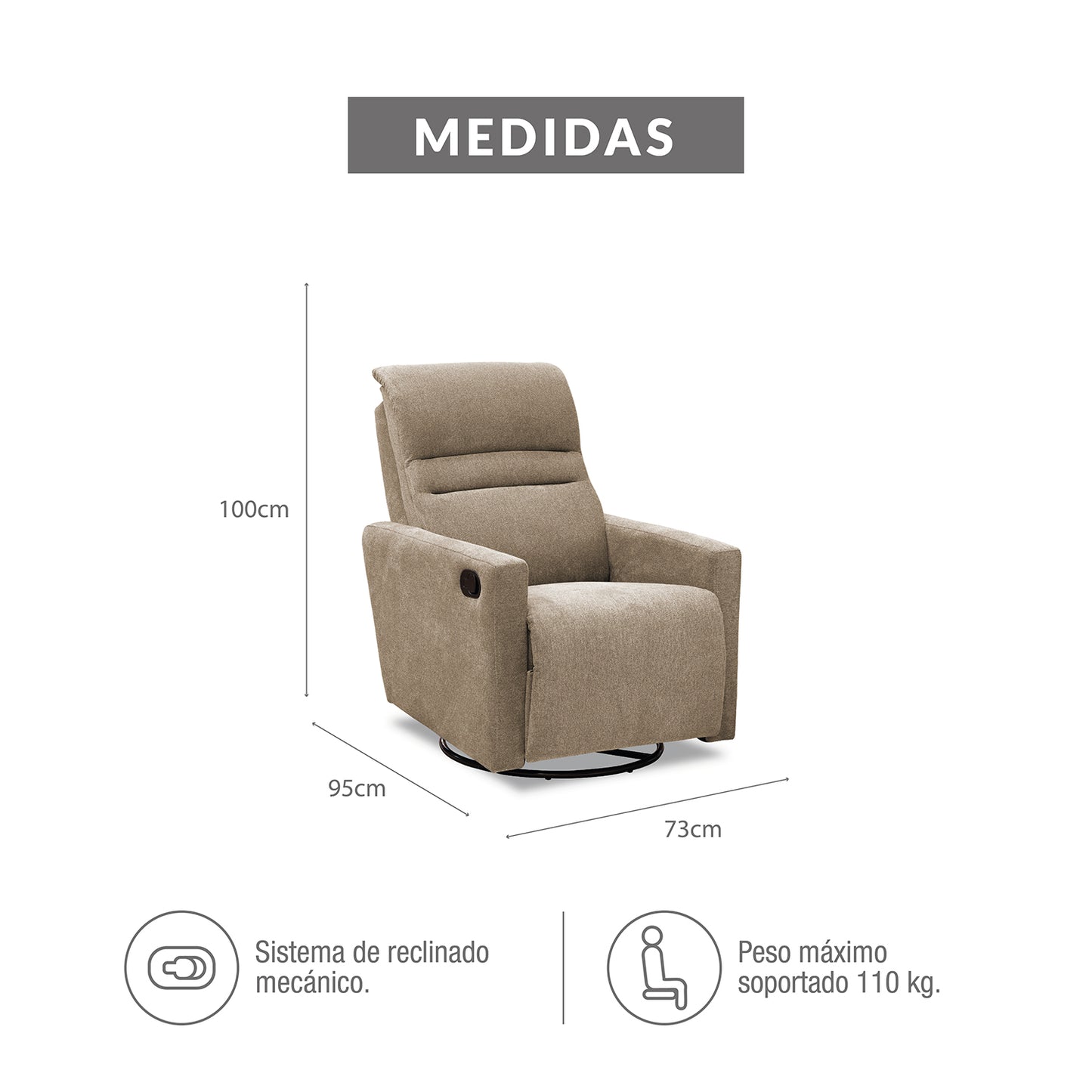 SILLA RECLINABLE MECEDORA GIRATORIA ARTHUR 1 PUESTO MICROFIBRA TAUPE