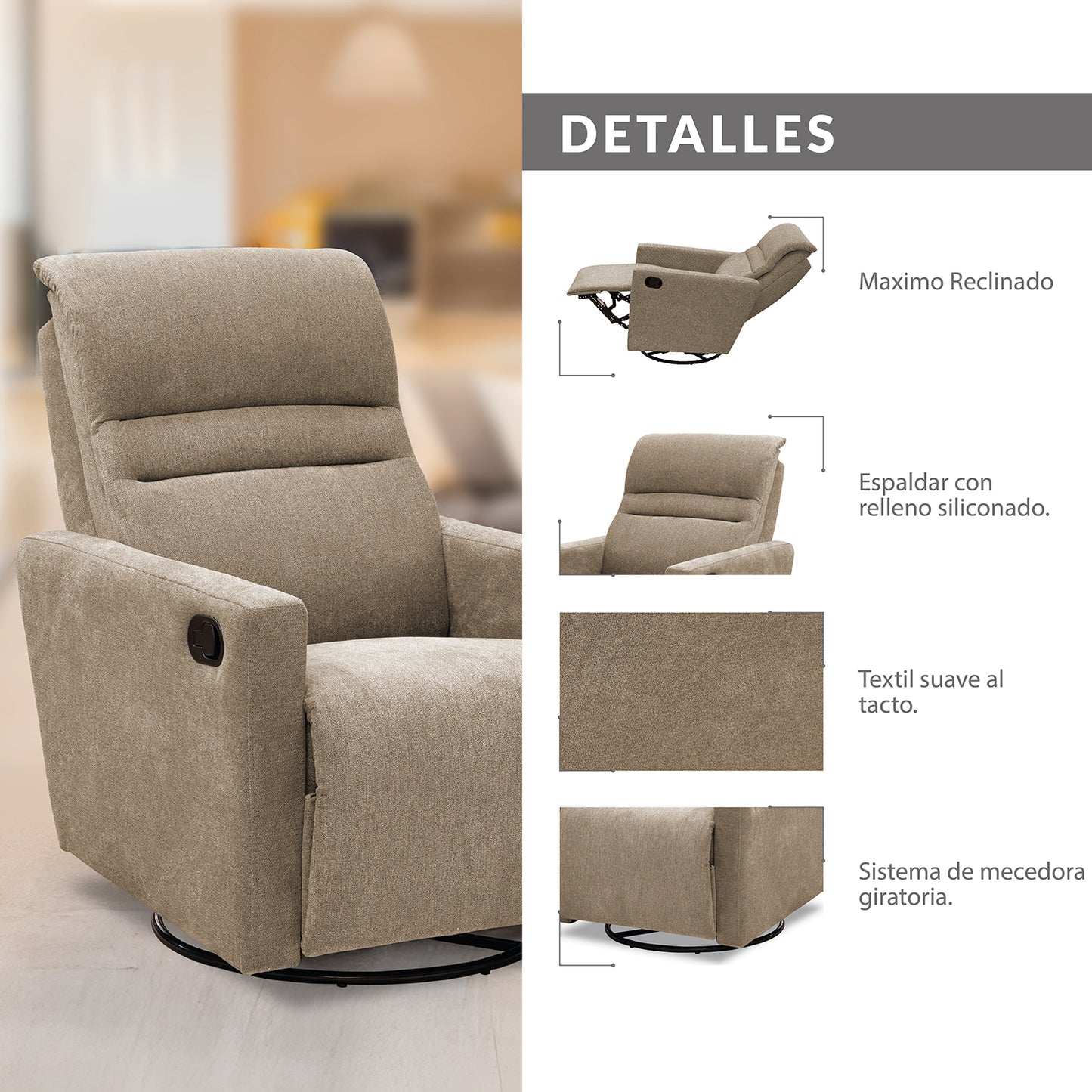 SILLA RECLINABLE MECEDORA GIRATORIA ARTHUR 1 PUESTO MICROFIBRA TAUPE
