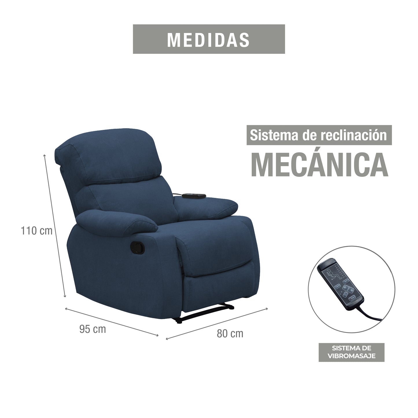 SILLA RECLINABLE VELARA 1 PUESTO ESTATICA MASAJE MICROFIBRA AZUL