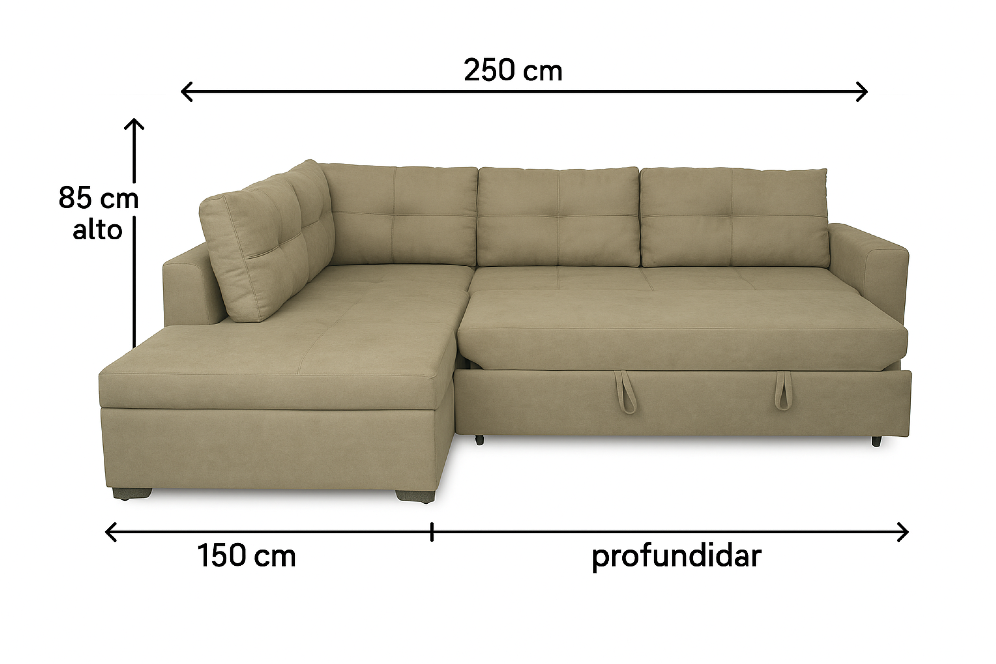 Sala rinconera prime con puff en microfibra camel